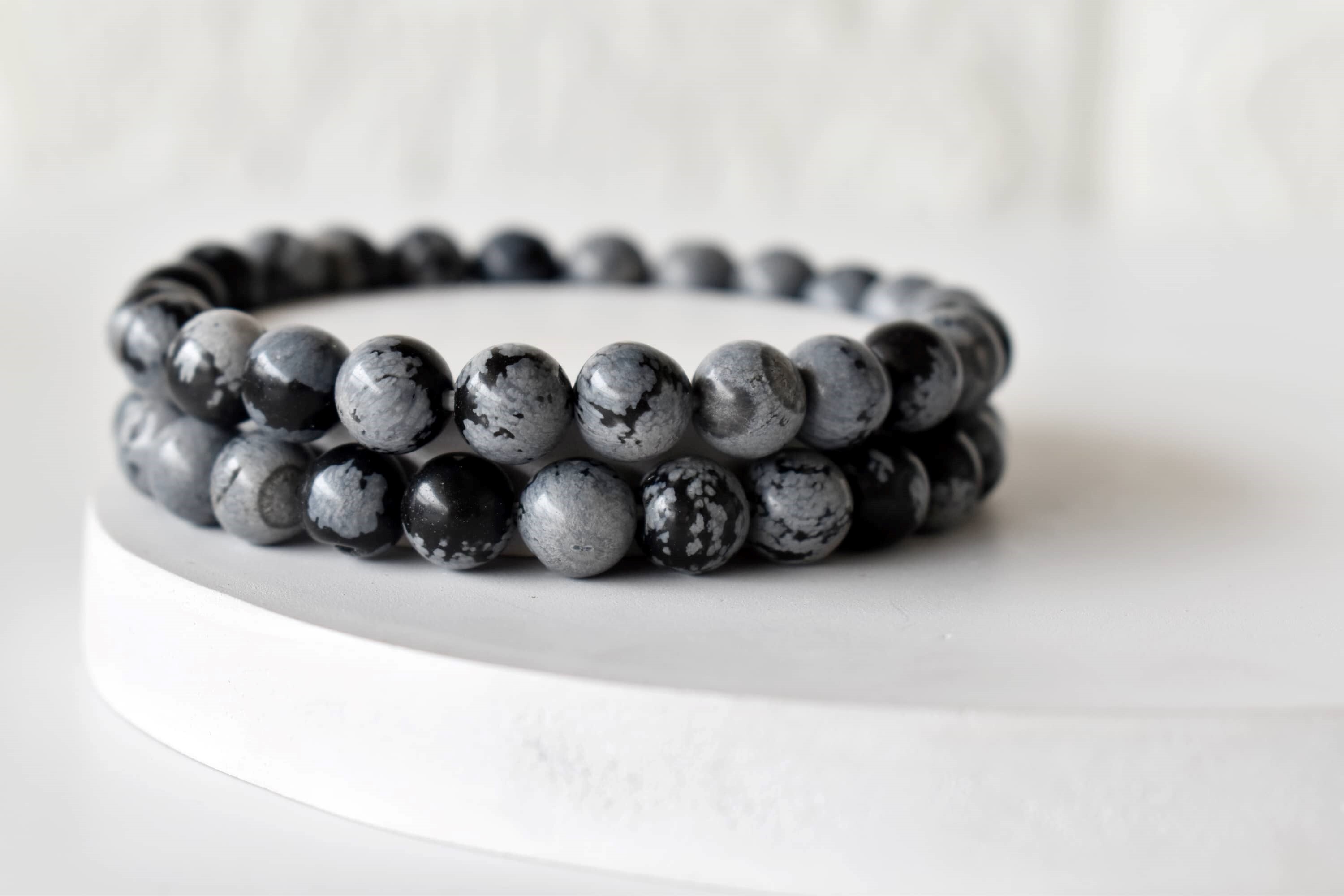 Snowflake Black Obsidian Bracelet Crystal Beaded Bracelet - Natural Gemstones, 7-7.5 Inches, 4mm To 10mm Round Beads, 30 Grams