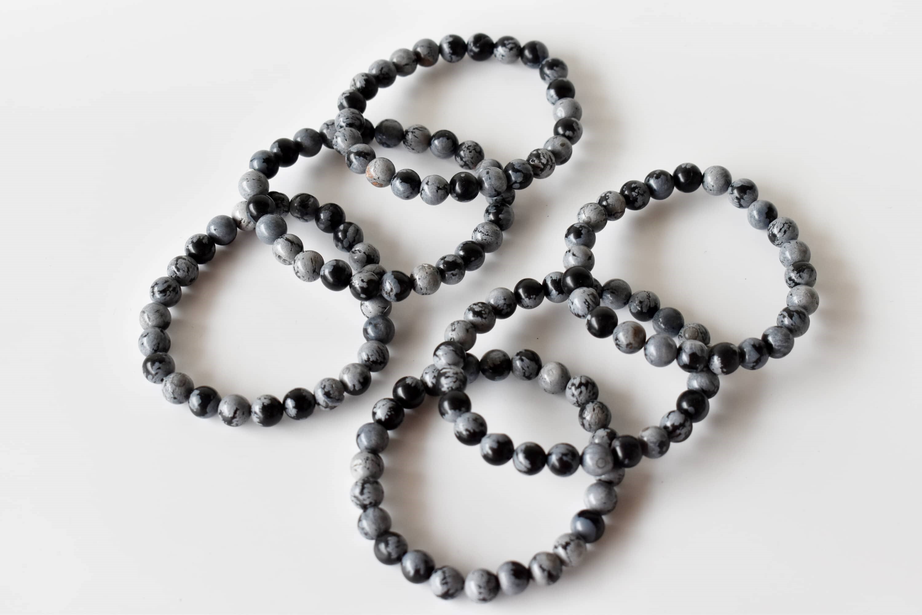 Snowflake Black Obsidian Bracelet Crystal Beaded Bracelet - Natural Gemstones, 7-7.5 Inches, 4mm To 10mm Round Beads, 30 Grams