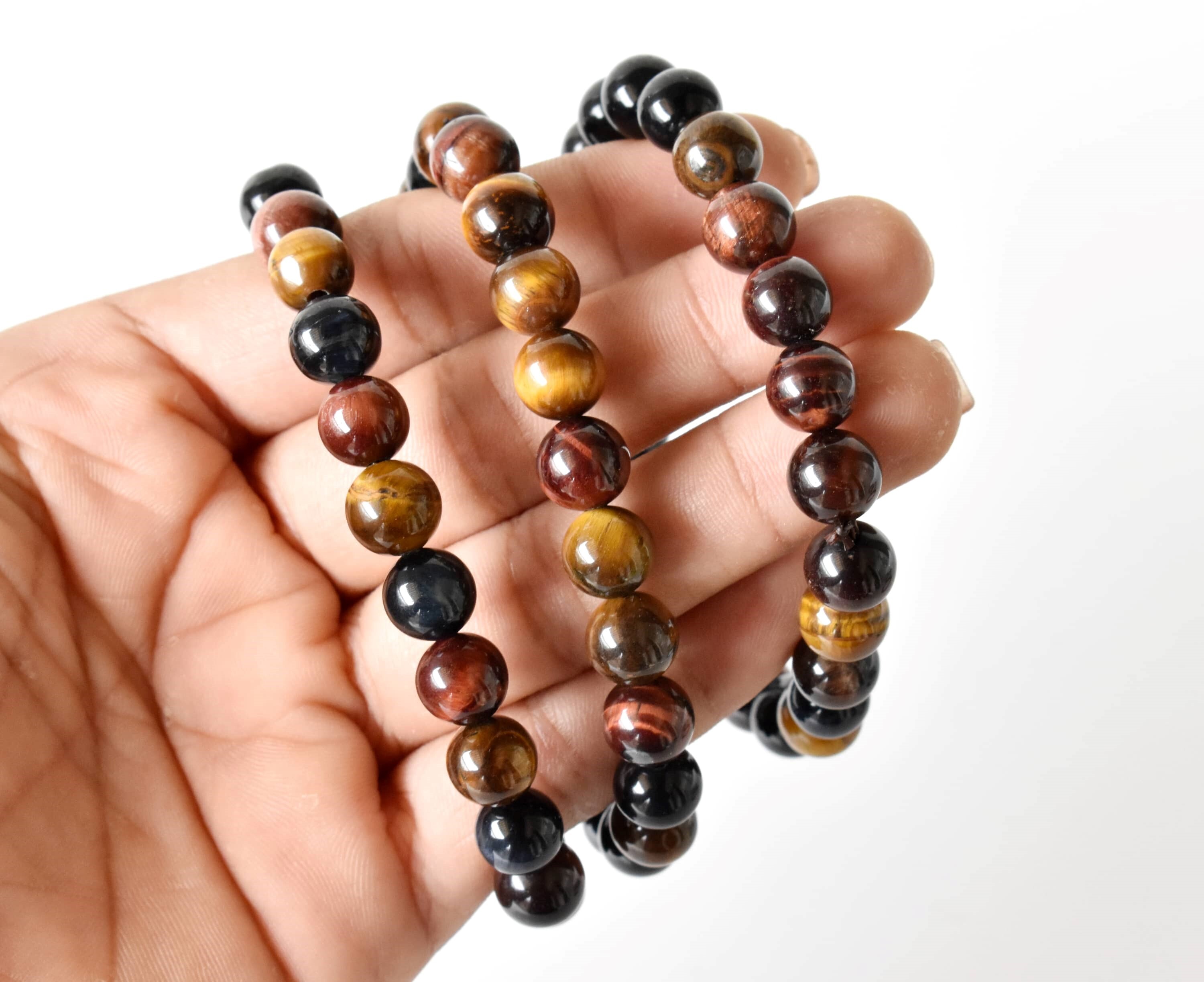 Multi Tiger Eye Bracelet Crystal Beaded Bracelet - Natural Gemstones | Bead Sizes: 4mm 6mm 8mm 10mm Length: 7-7.5 Inches Round Shape Weight: 30g