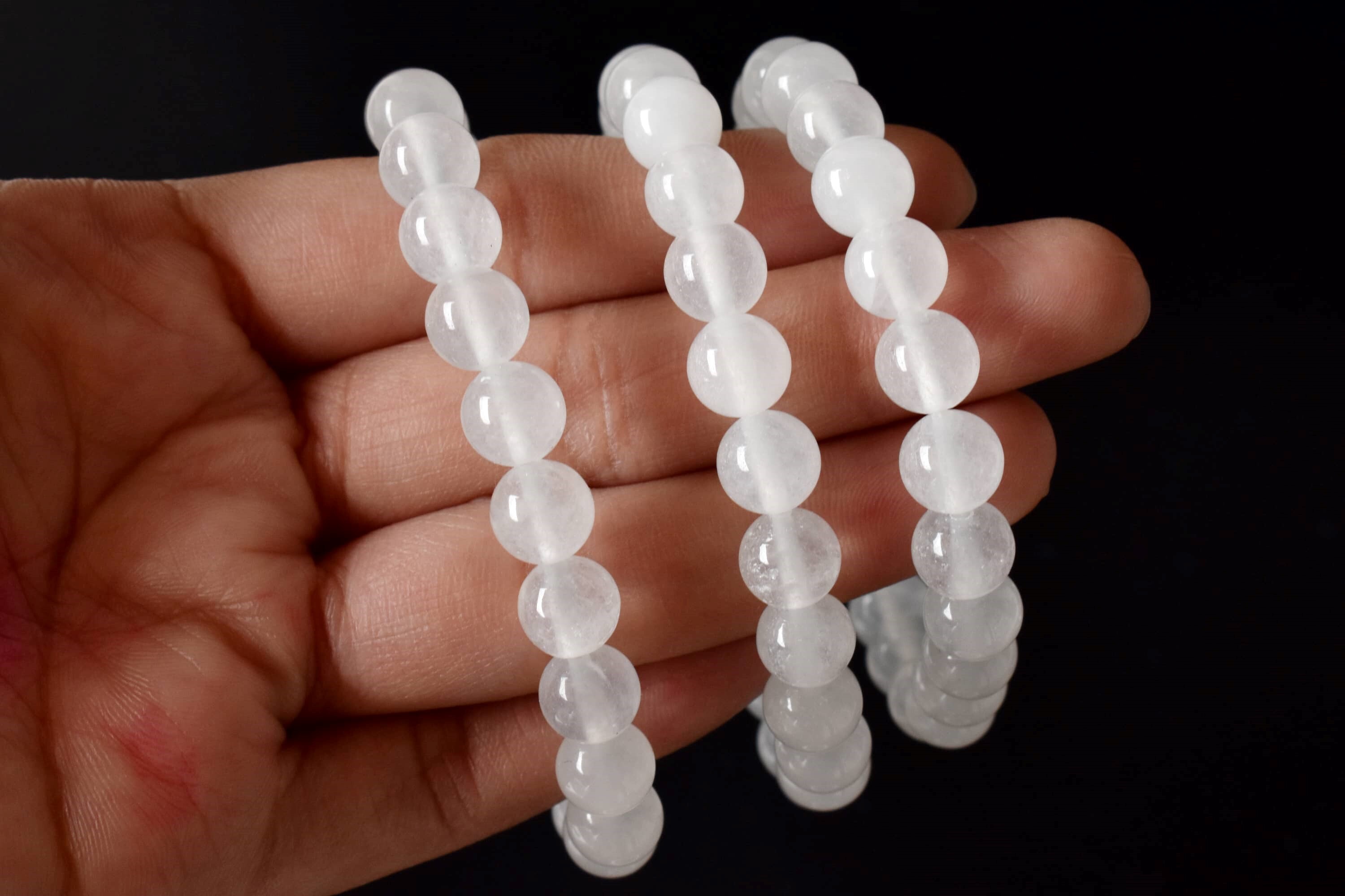 White Agate Bracelet Crystal Beaded Bracelet - Natural Gemstones 4mm-10mm Beads 7-7.5 Inch Length Round Shape White Color 30 Grams Weight