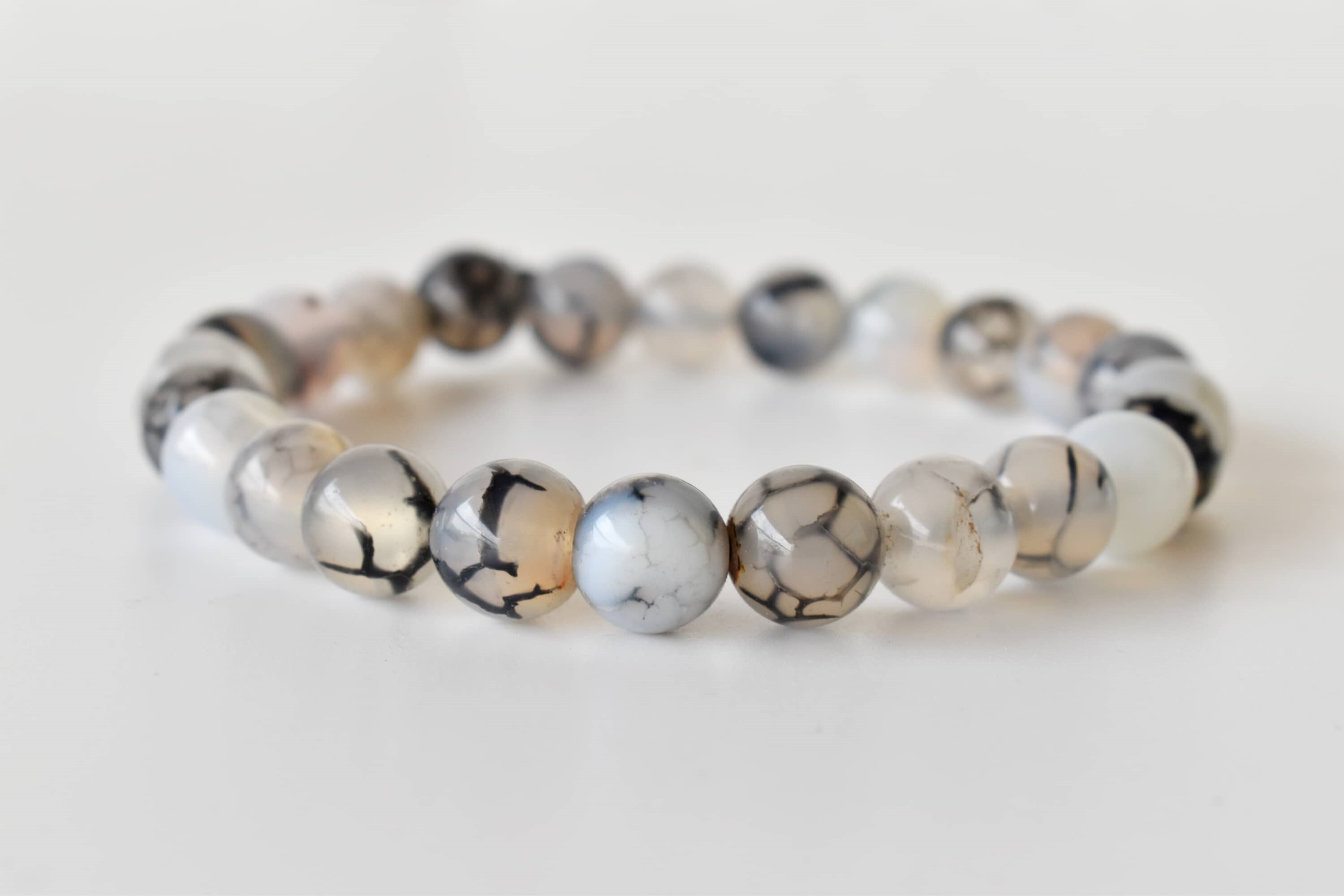 Dragon Vein Agate Black Bracelet Crystal Beaded Bracelet - Natural Gemstones, 4mm-10mm Beads, 7-7.5 Inches Length, Plain Design, Weighs 30 Grams