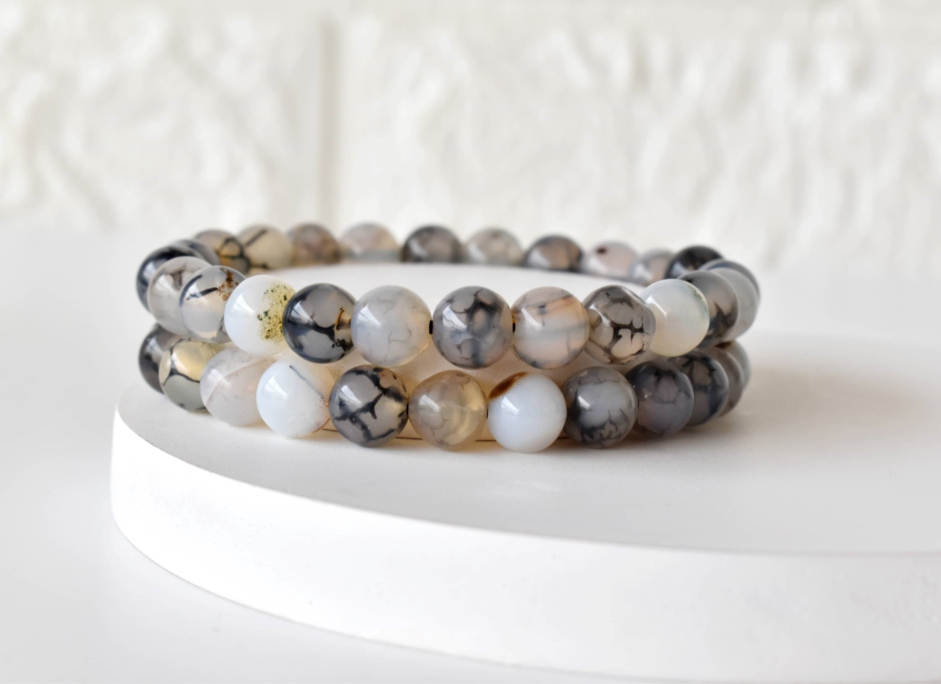 Dragon Vein Agate Black Bracelet Crystal Beaded Bracelet - Natural Gemstones, 4mm-10mm Beads, 7-7.5 Inches Length, Plain Design, Weighs 30 Grams