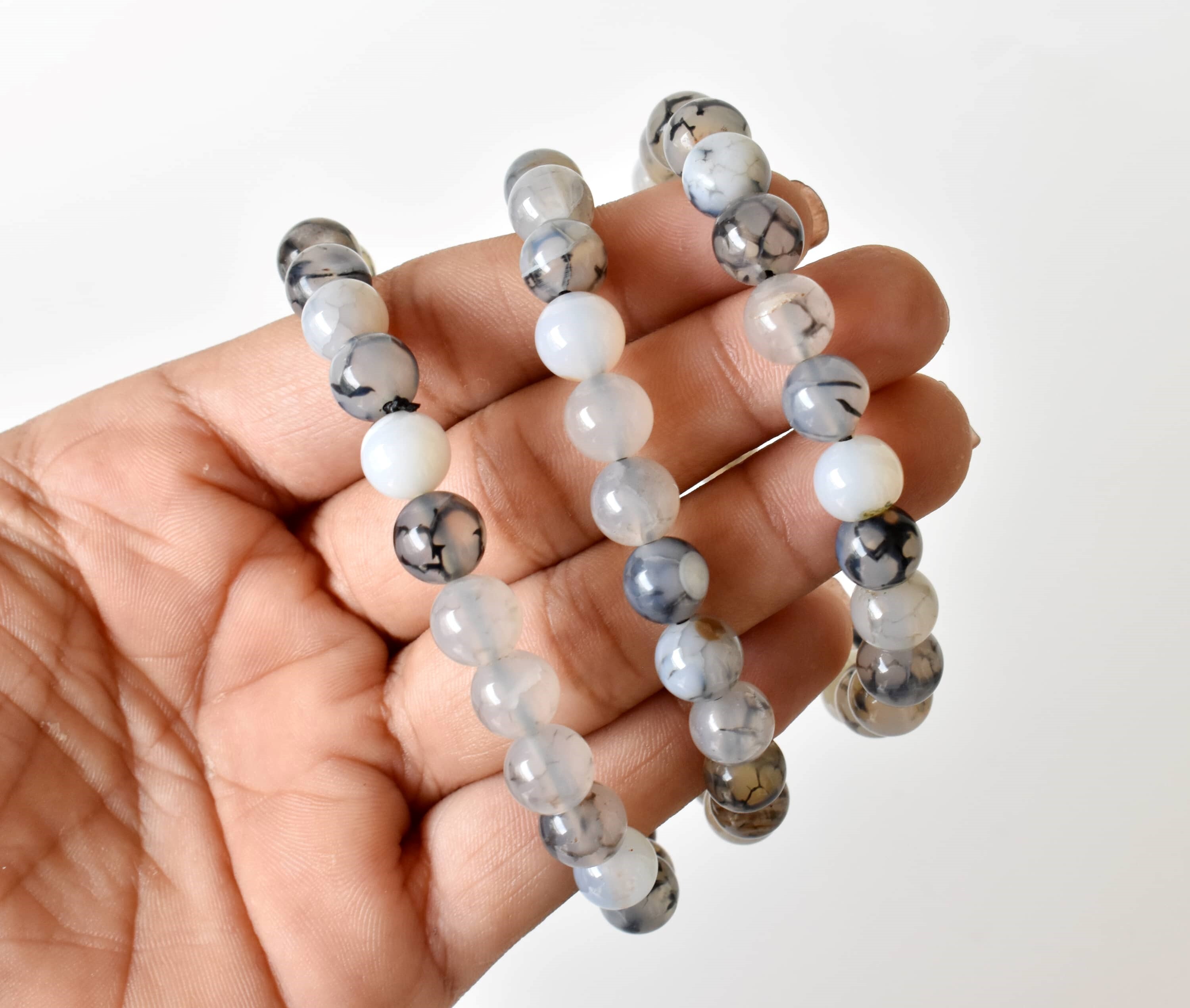 Dragon Vein Agate Black Bracelet Crystal Beaded Bracelet - Natural Gemstones, 4mm-10mm Beads, 7-7.5 Inches Length, Plain Design, Weighs 30 Grams