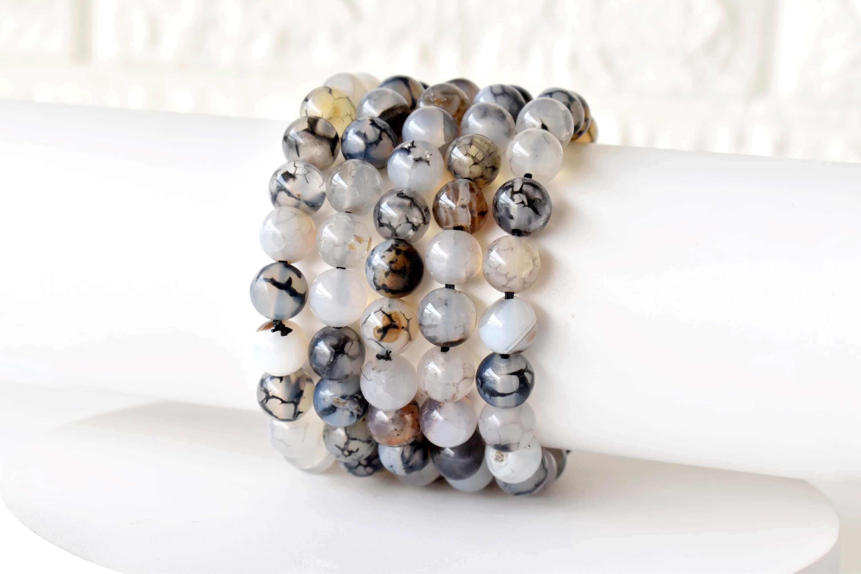 Dragon Vein Agate Black Bracelet Crystal Beaded Bracelet - Natural Gemstones, 4mm-10mm Beads, 7-7.5 Inches Length, Plain Design, Weighs 30 Grams
