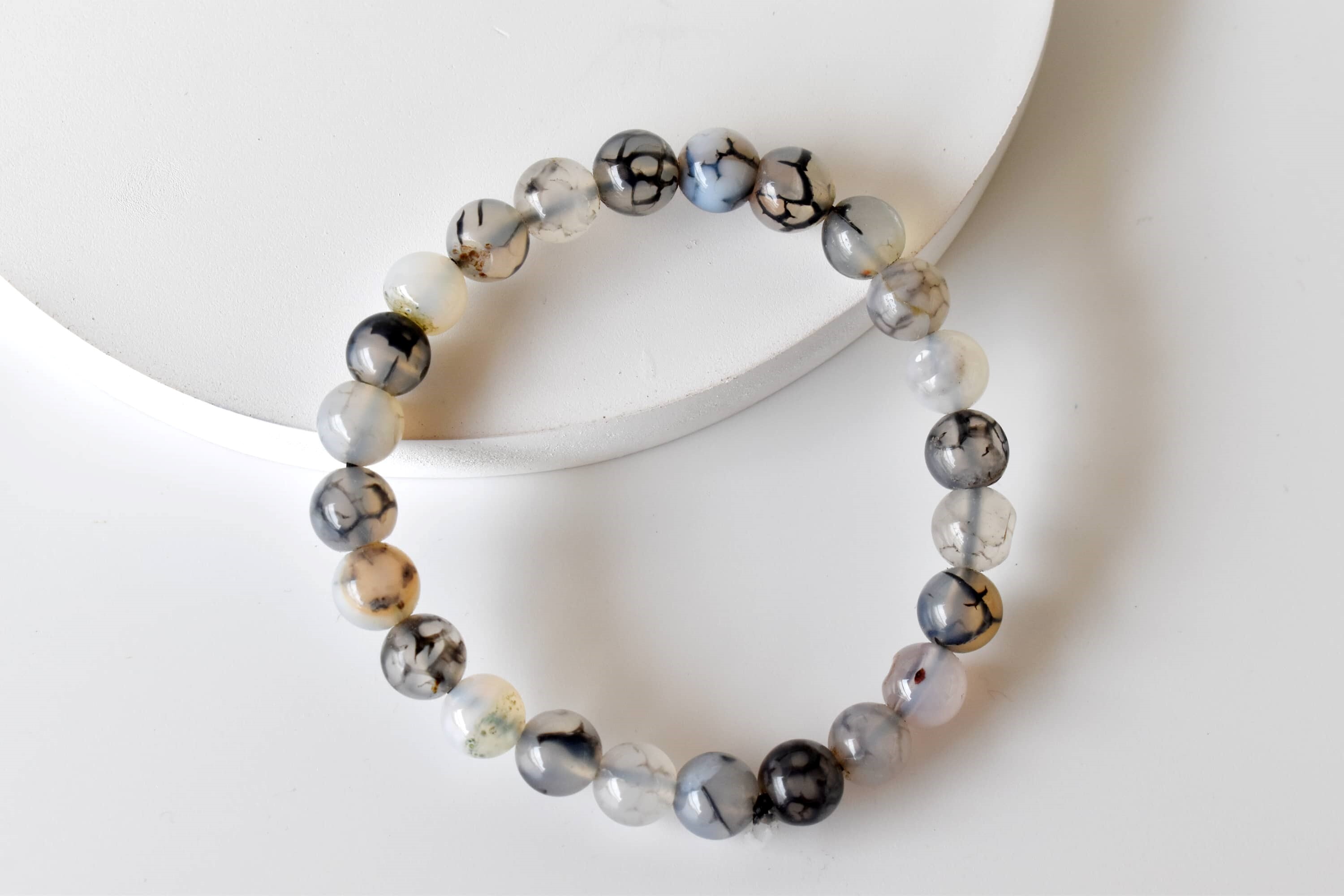 Dragon Vein Agate Black Bracelet Crystal Beaded Bracelet - Natural Gemstones, 4mm-10mm Beads, 7-7.5 Inches Length, Plain Design, Weighs 30 Grams