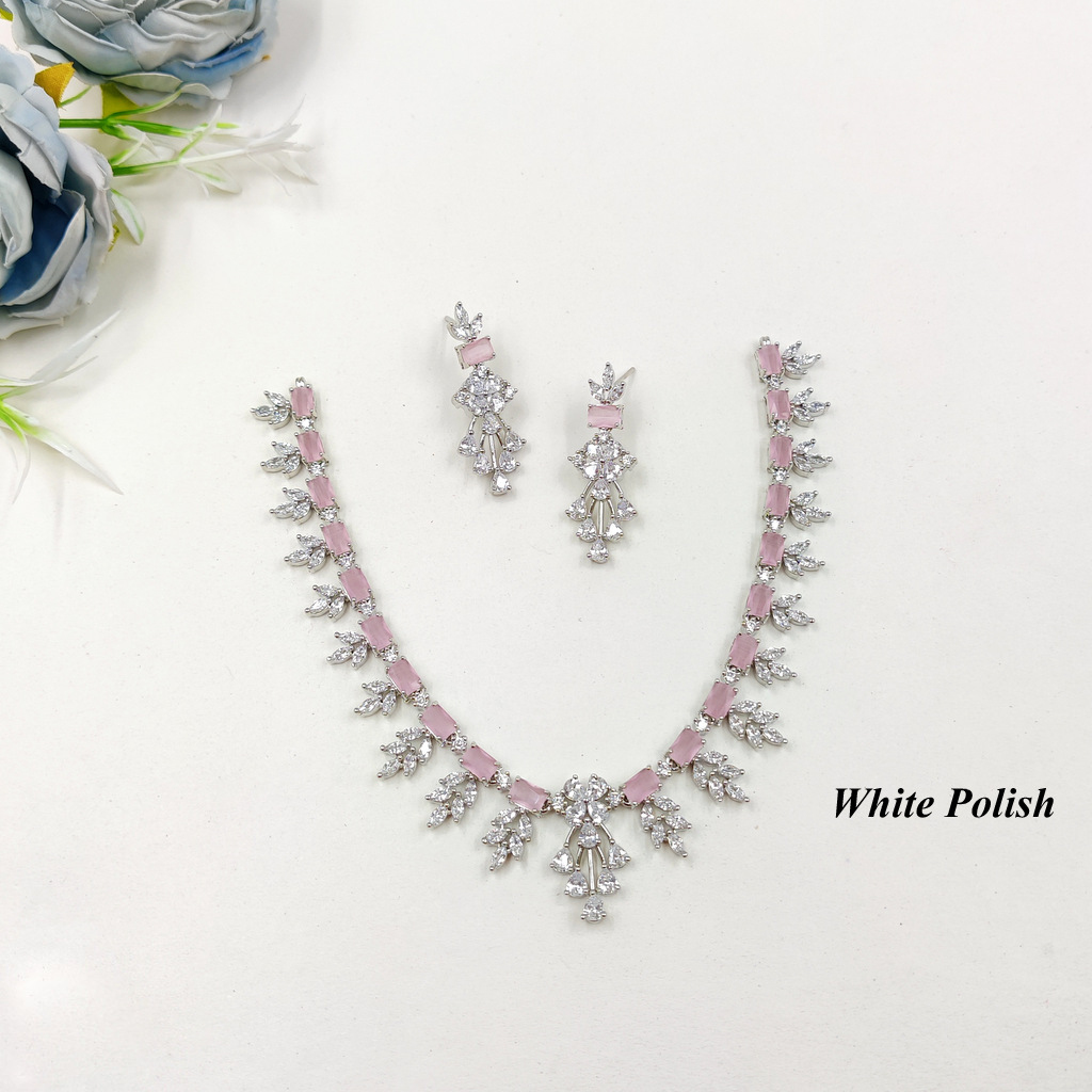 New Designer American Diamond Necklace Set - Aaa Star Cut Cubic Zirconia, Available In Multiple Sizes, Elegant White Polish Finish, Perfect For Weddings And Parties