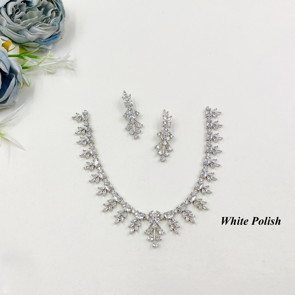 New Designer American Diamond Necklace Set - Aaa Star Cut Cubic Zirconia, Available In Multiple Sizes, Elegant White Polish Finish, Perfect For Weddings And Parties