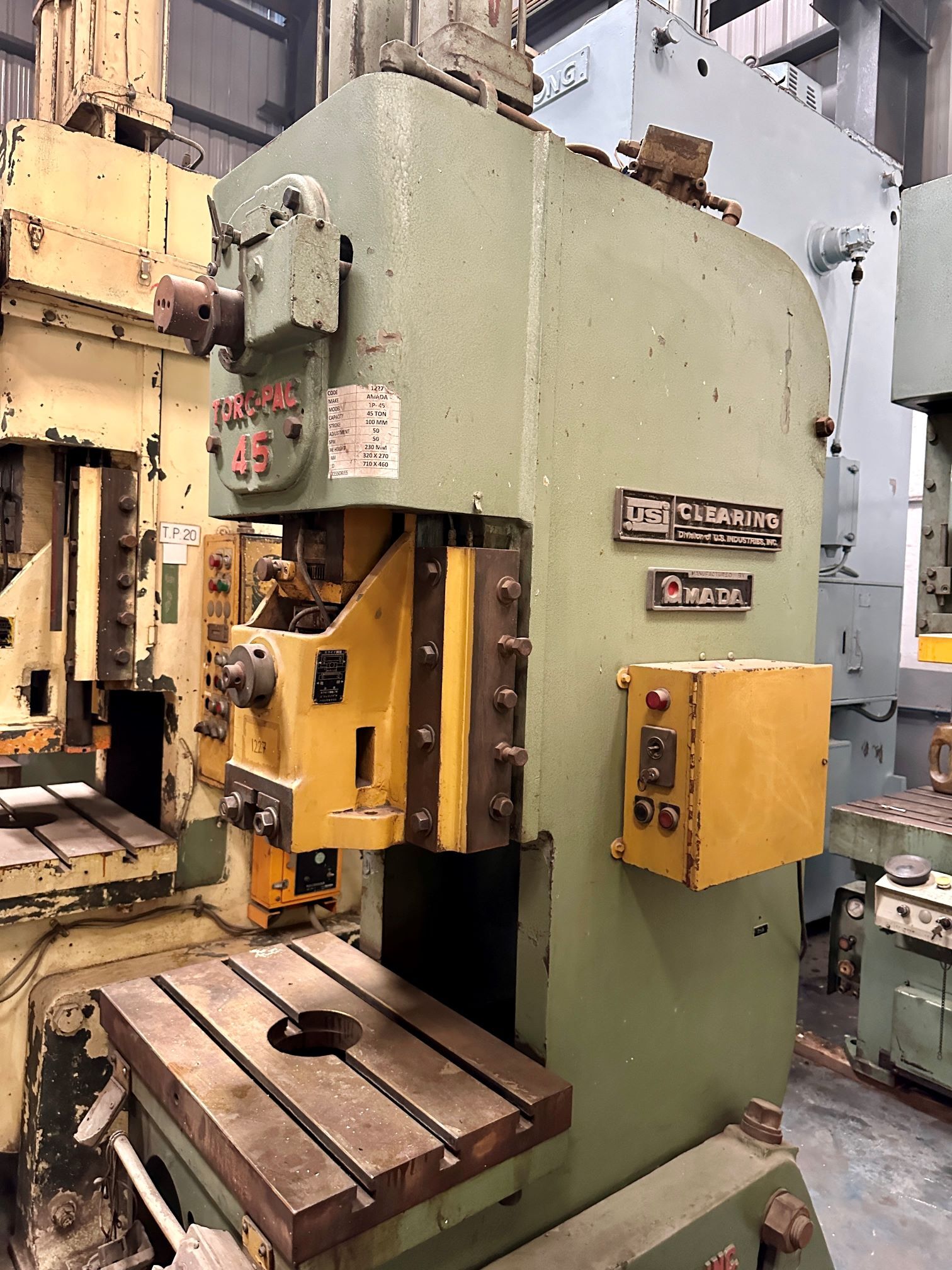 1227 Amada C Frame Single Crank Press - 45 Tons Capacity, 100mm Stroke, 710x460mm Bed Size, 320x270mm Ram Size, 50 Spm, 50mm Adjustment