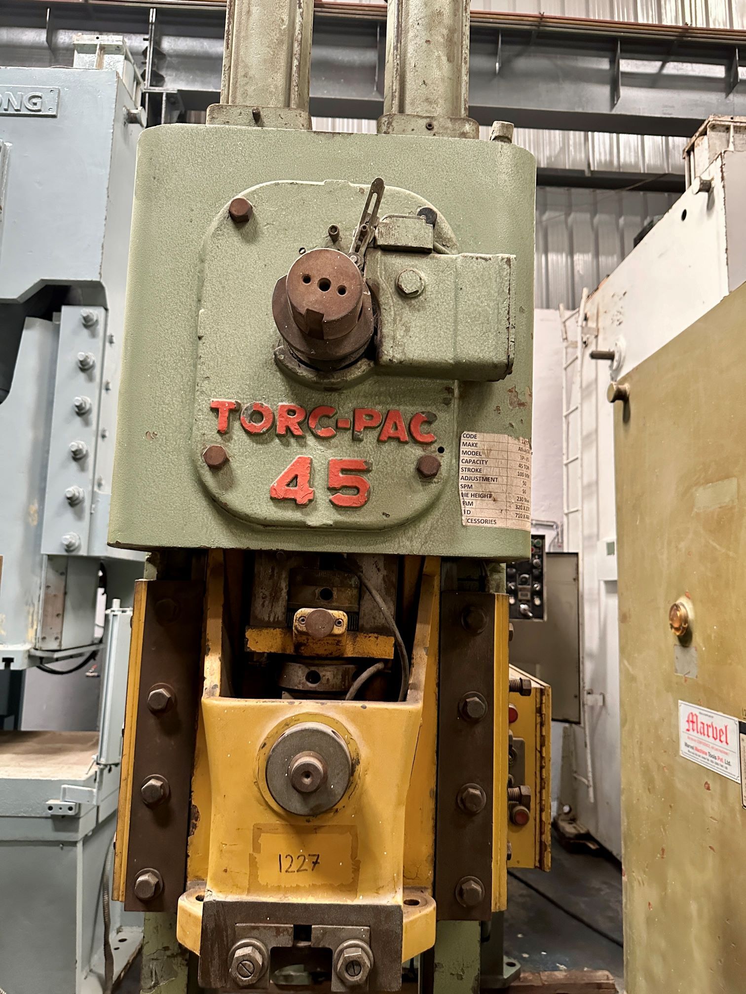 1227 Amada C Frame Single Crank Press - 45 Tons Capacity, 100mm Stroke, 710x460mm Bed Size, 320x270mm Ram Size, 50 Spm, 50mm Adjustment