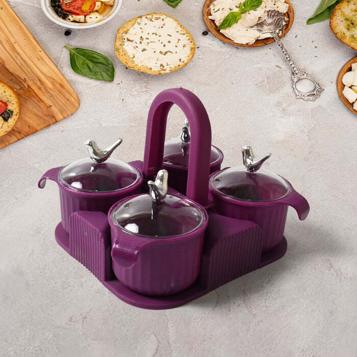 Multipurpose Silver Sparrow, Jar Dry Fruit Set - Plastic, 19x18x9 Cm, Purple | Multi-compartment Design, Transparent Containers, Easy To Clean, 4-piece Set