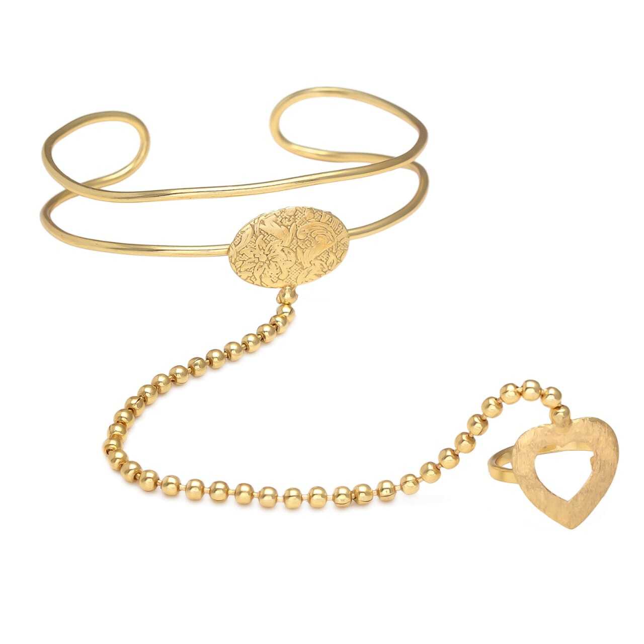Unique Cuff Bracelet With Ring - Gold-plated Brass, 6-7 Inches | Elegant Design, Durable Material, Comfortable Fit, Polished Finish