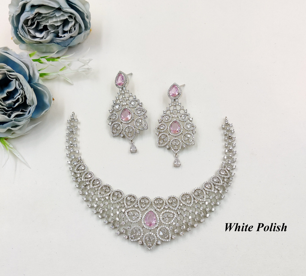 Fashionable Necklace Set - Aaa Star Cut American Diamond & Copper Alloy, Available In Various Sizes, Elegant White Polish For Weddings, Anniversaries, And Everyday Glamour