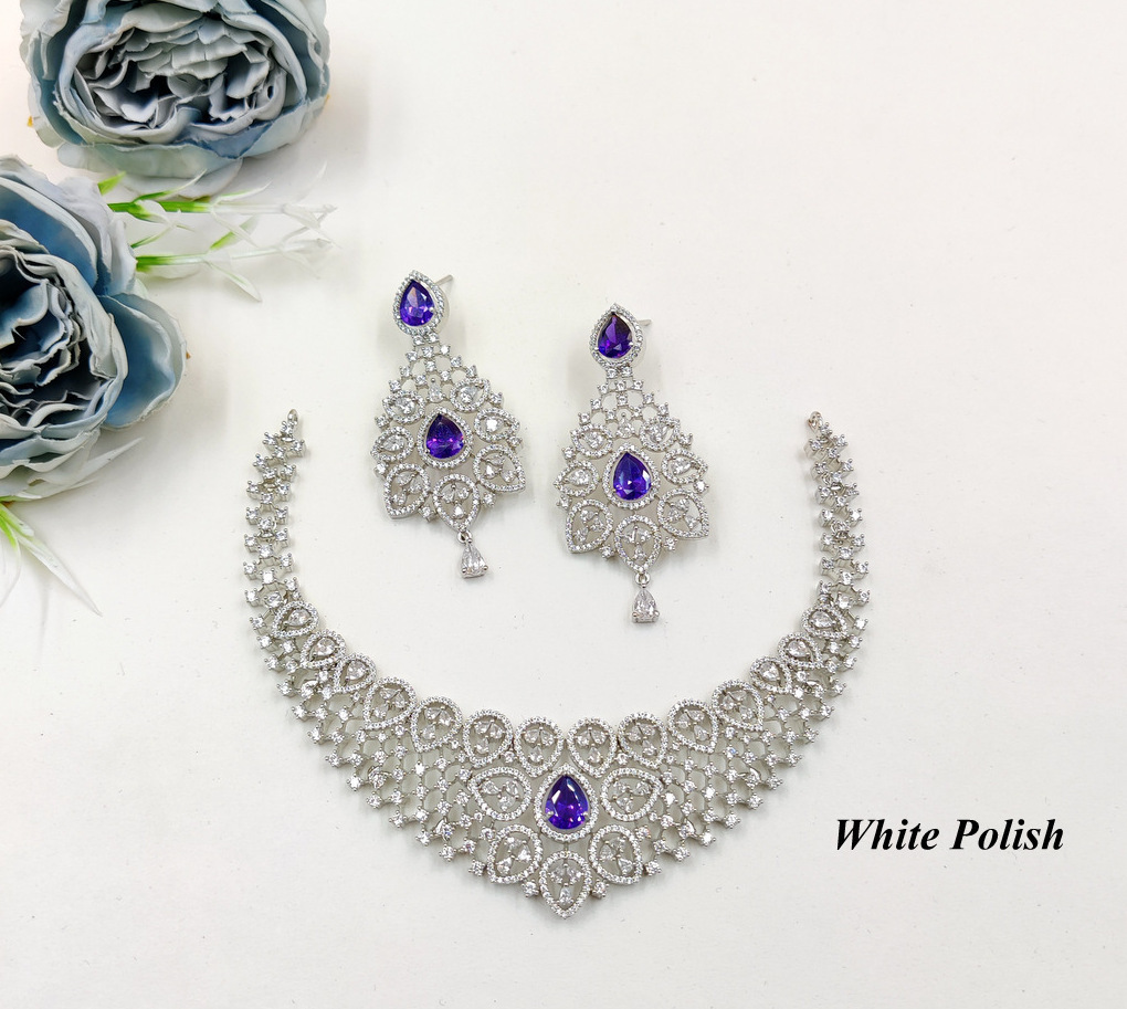 Fashionable Necklace Set - Aaa Star Cut American Diamond & Copper Alloy, Available In Various Sizes, Elegant White Polish For Weddings, Anniversaries, And Everyday Glamour
