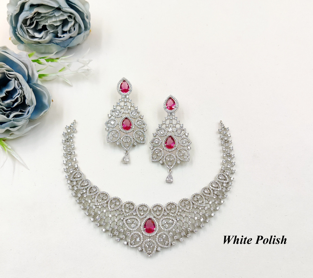 Fashionable Necklace Set - Aaa Star Cut American Diamond & Copper Alloy, Available In Various Sizes, Elegant White Polish For Weddings, Anniversaries, And Everyday Glamour