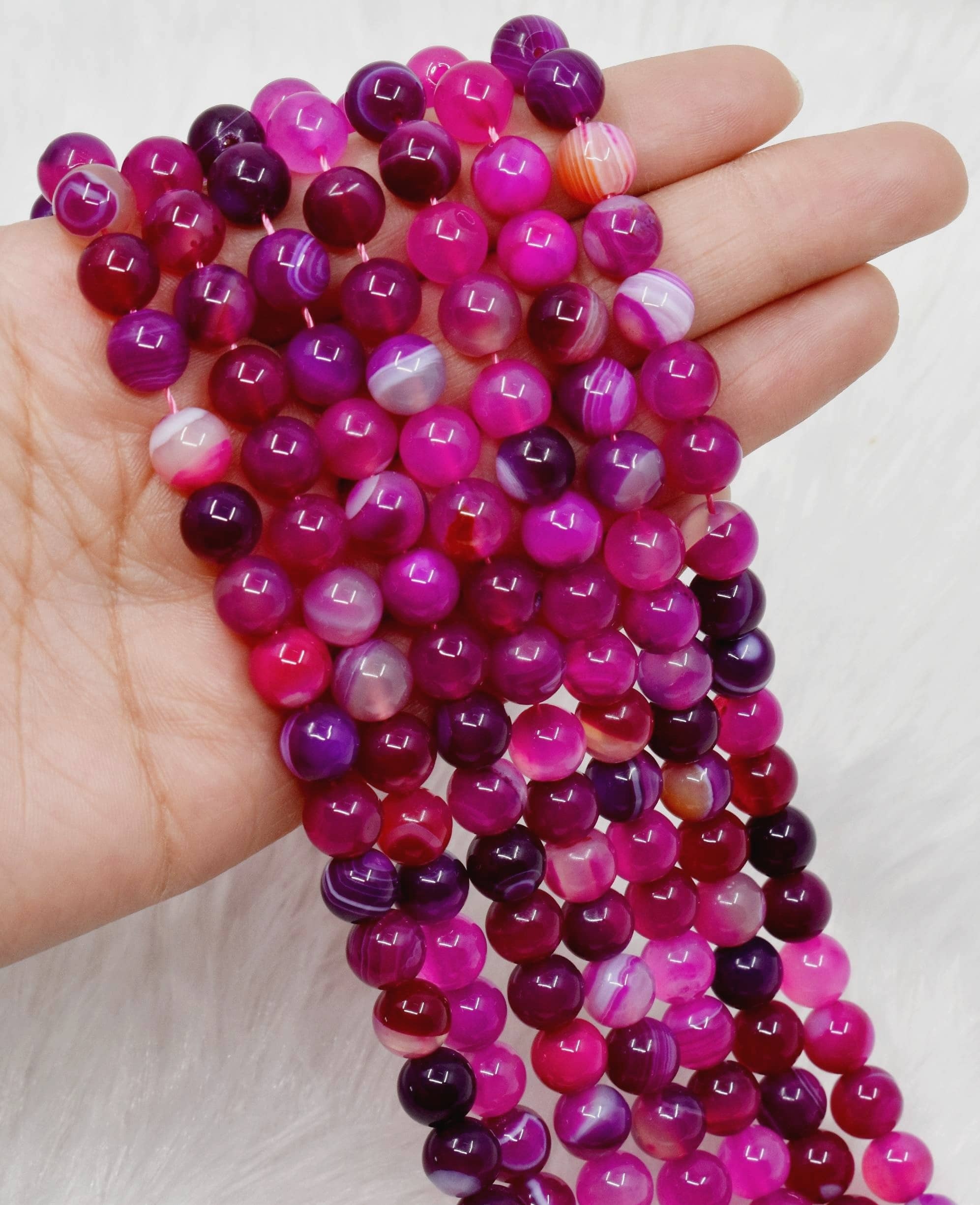 8mm Banded Agate Pink Beads - 14.5 Inch Strand, Polished Natural Stone, Unique Round Shape For Party Wear Jewelry