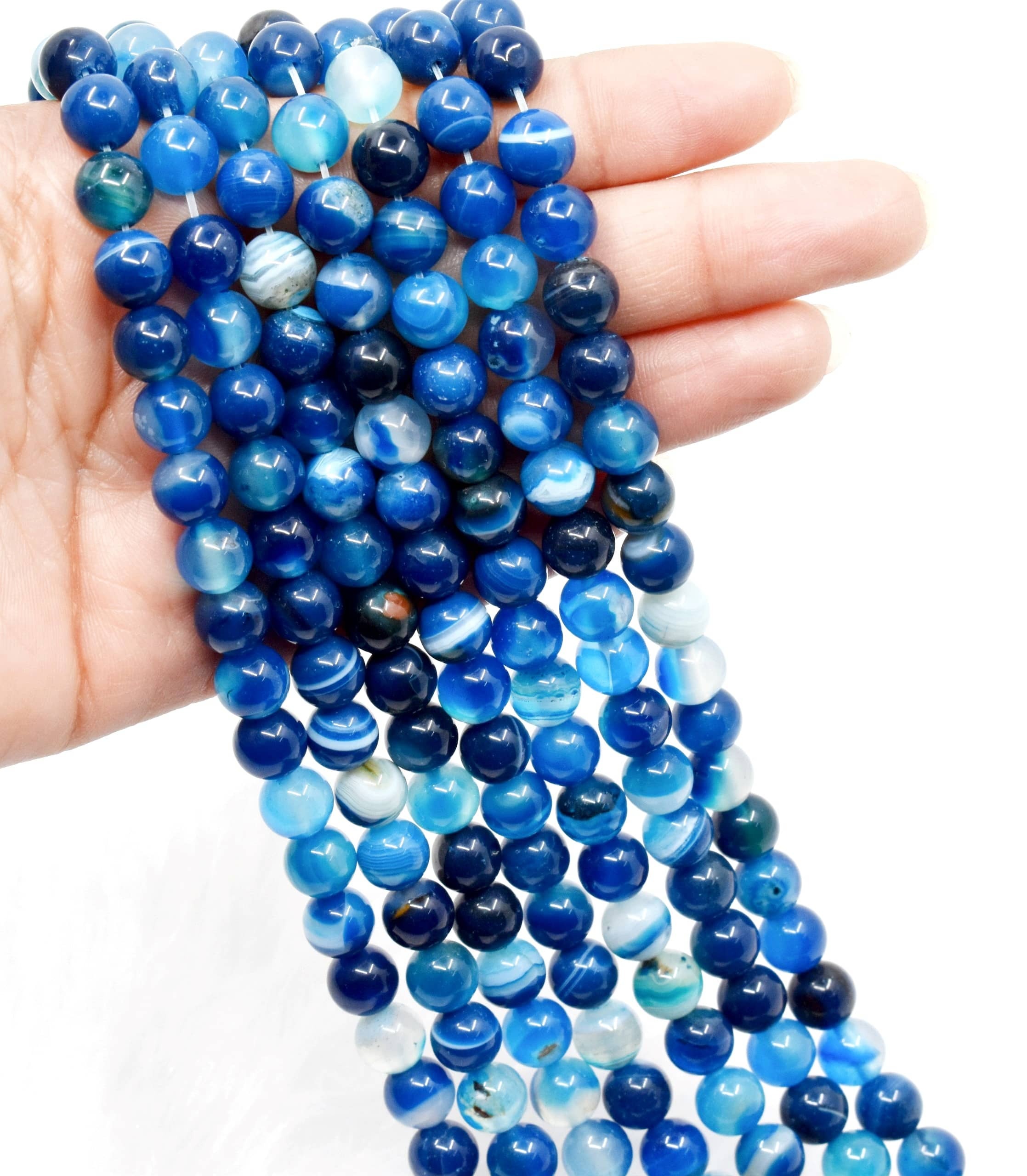 Banded Agate Blue Beads - 14.5 Inch Strand, 6mm-10mm Polished Round Gemstone Beads For Elegant Jewelry Design