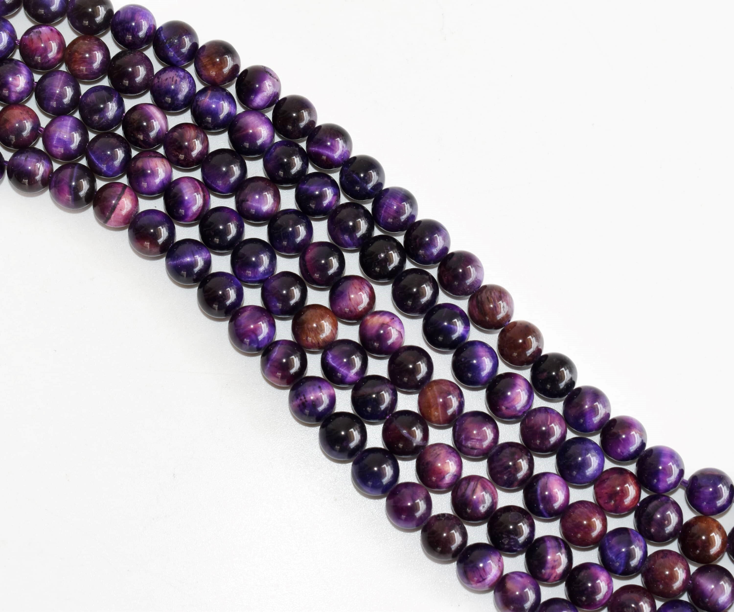 8mm Tiger Cats Eye Violet Heated Beads - 14.5 Inches, Round Shape, Polished Stone Beads For Necklace And Party Wear Jewelry