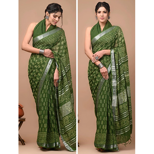 Ethnic Cotton Linen Green Saree
