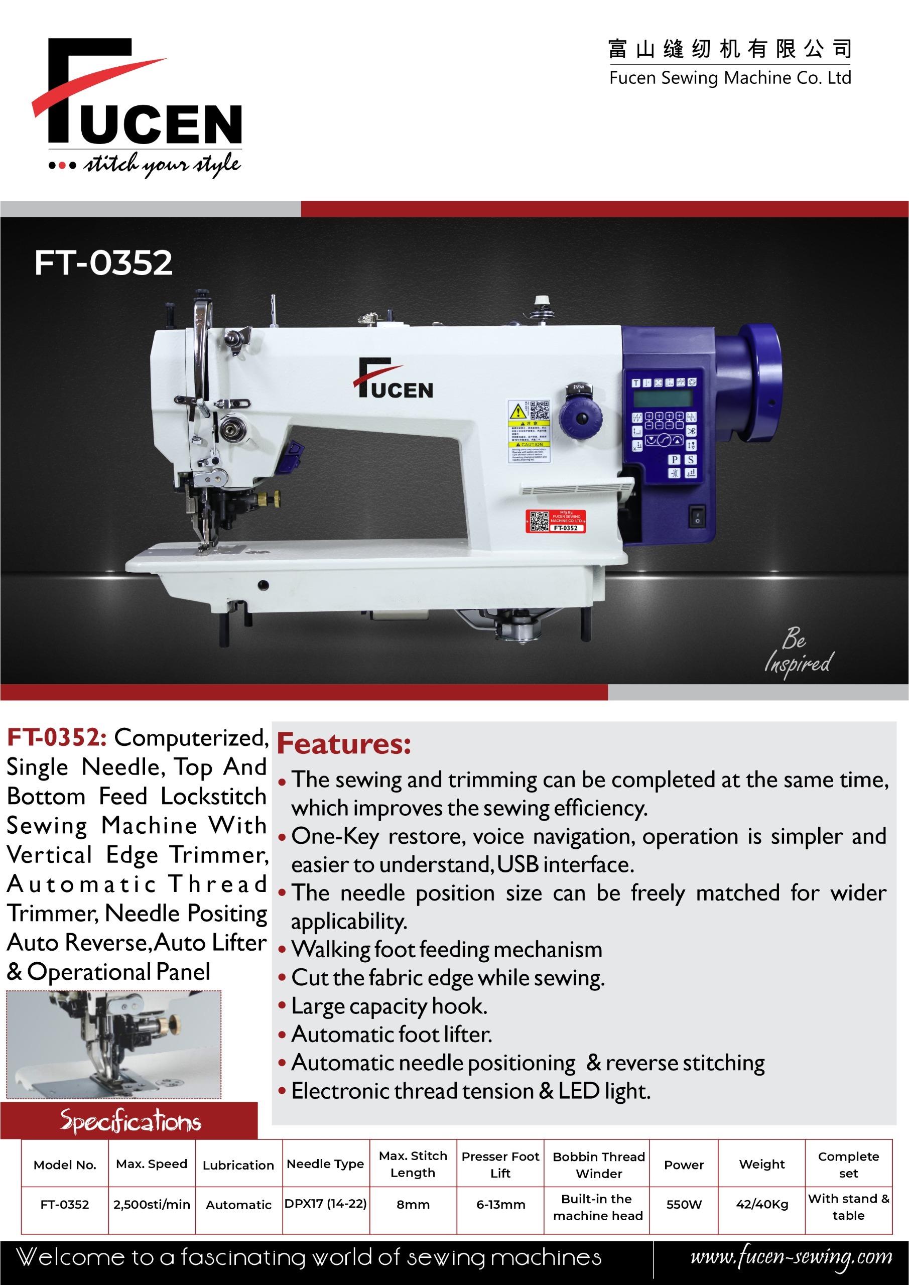 Ft-0352: Computerized, Single Needle, Top And Bottom Feed Lockstitch Sewing Machine With Vertical Edge Trimmer, Automatic Thread Trimmer, Needle Positing Auto Reverse, Auto Lifter & Operational Panel Power: 550 Watt (W)