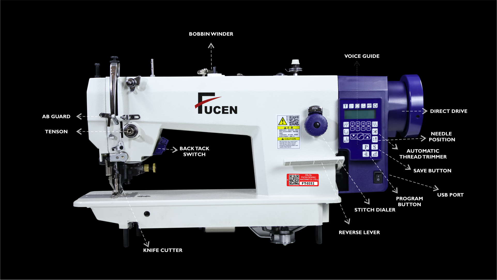 Ft-0352: Computerized, Single Needle, Top And Bottom Feed Lockstitch Sewing Machine With Vertical Edge Trimmer, Automatic Thread Trimmer, Needle Positing Auto Reverse, Auto Lifter & Operational Panel Power: 550 Watt (W)