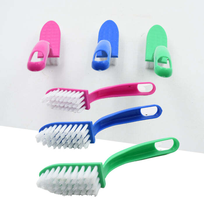 Multi-purpose Kitchen Cleaning Brushes - Pp Material, 17x8x3 Cm, Green, Pink & Blue | Soft Nylon Bristles, Easy To Store, Comfortable Grip, Hanging Design