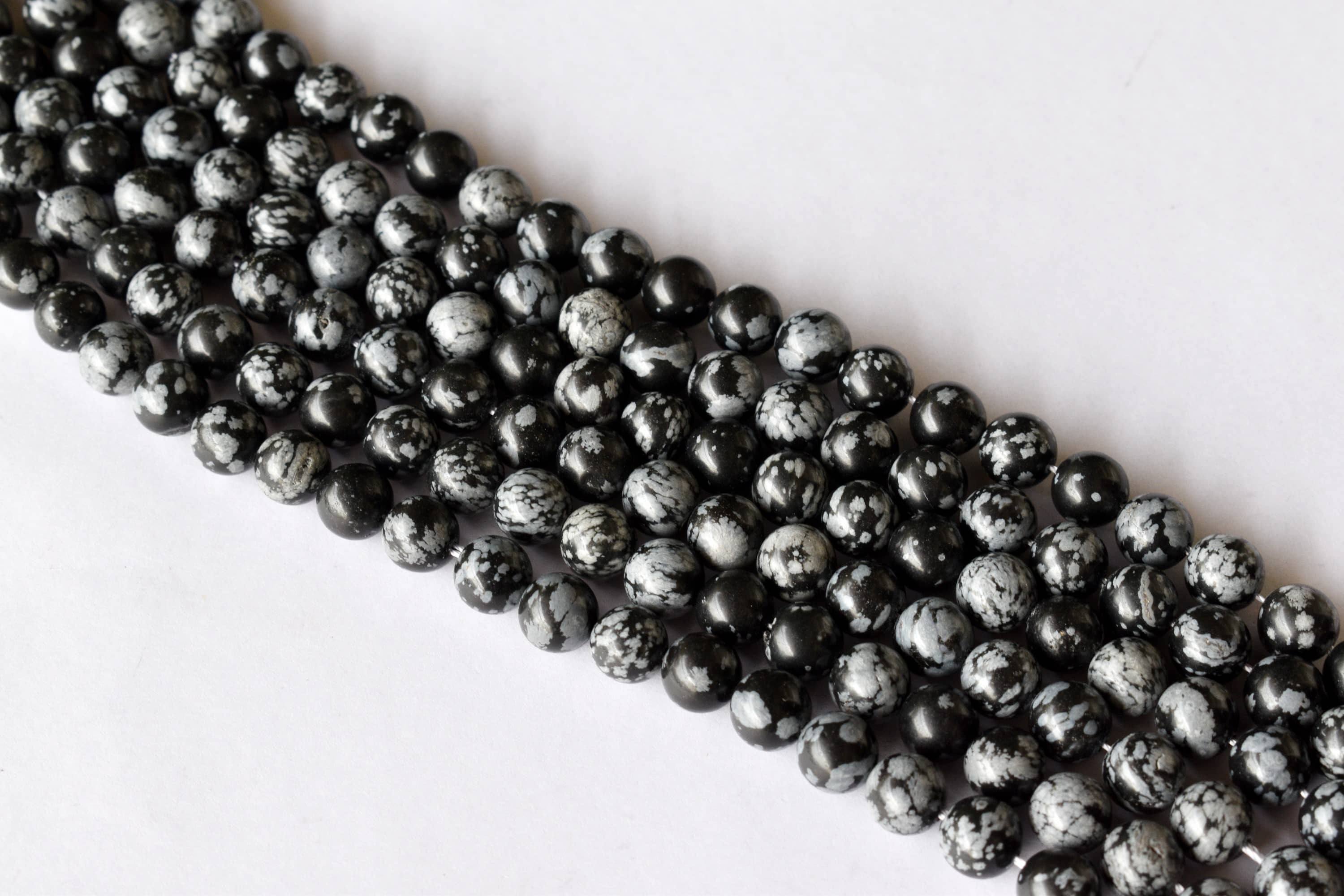 8mm Snowflake Black Obsidian Beads - 14.5 Inch Strand Polished Round Stone Beads For Necklace Jewelry Unique Natural Patterns