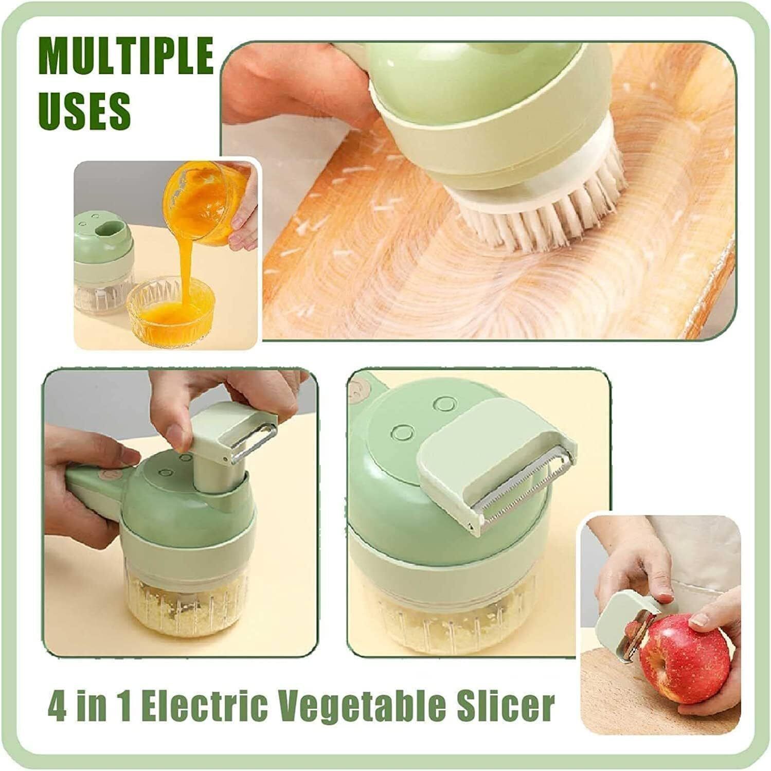 4 In 1 Kitchen Electric Vegetable Cutter - Handheld, Wireless Food Processor For Slicing, Mincing, Peeling, And Cleaning Brush | Ergonomic Design, Comfortable Grip, Multifunctional Chopper