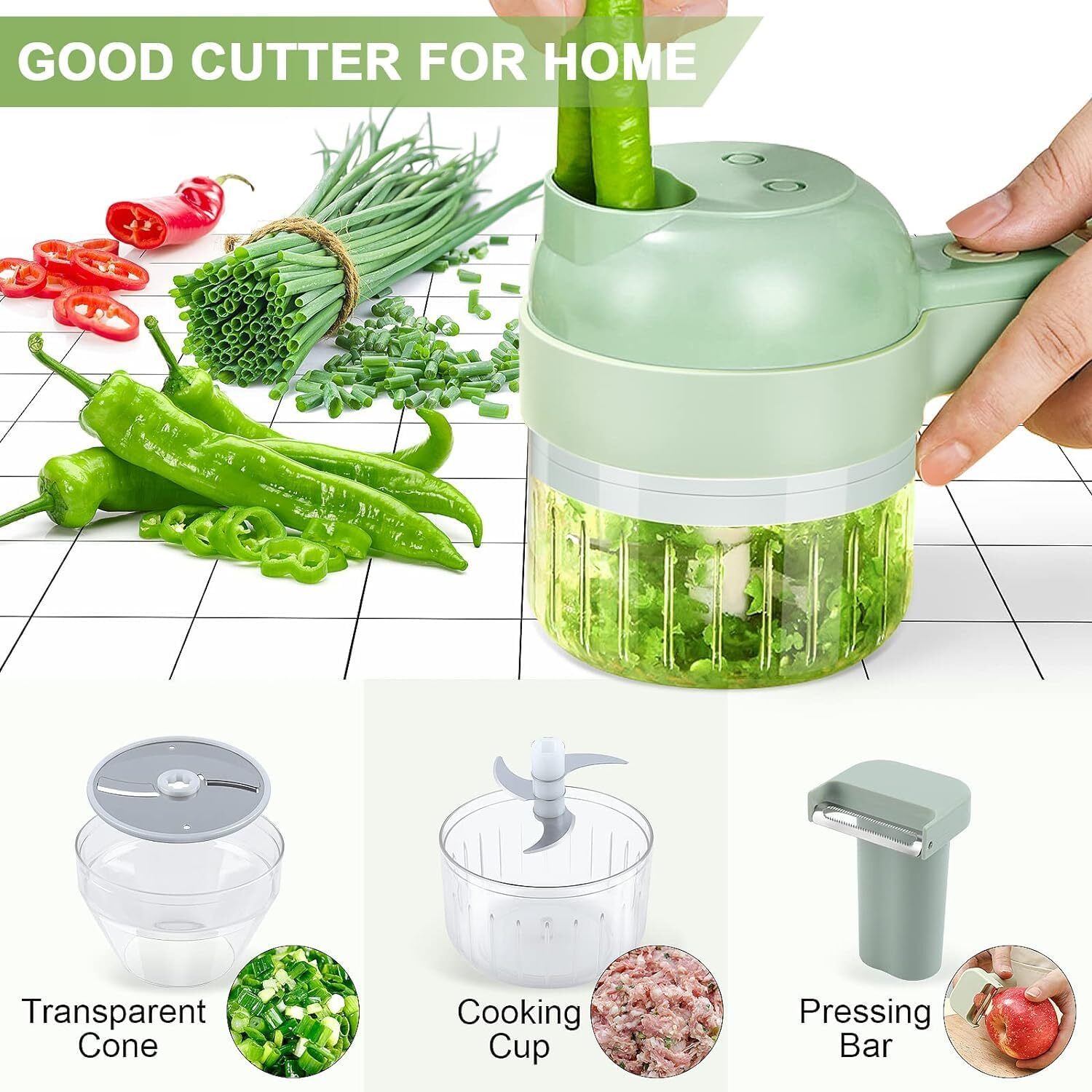 4 In 1 Kitchen Electric Vegetable Cutter - Handheld, Wireless Food Processor For Slicing, Mincing, Peeling, And Cleaning Brush | Ergonomic Design, Comfortable Grip, Multifunctional Chopper