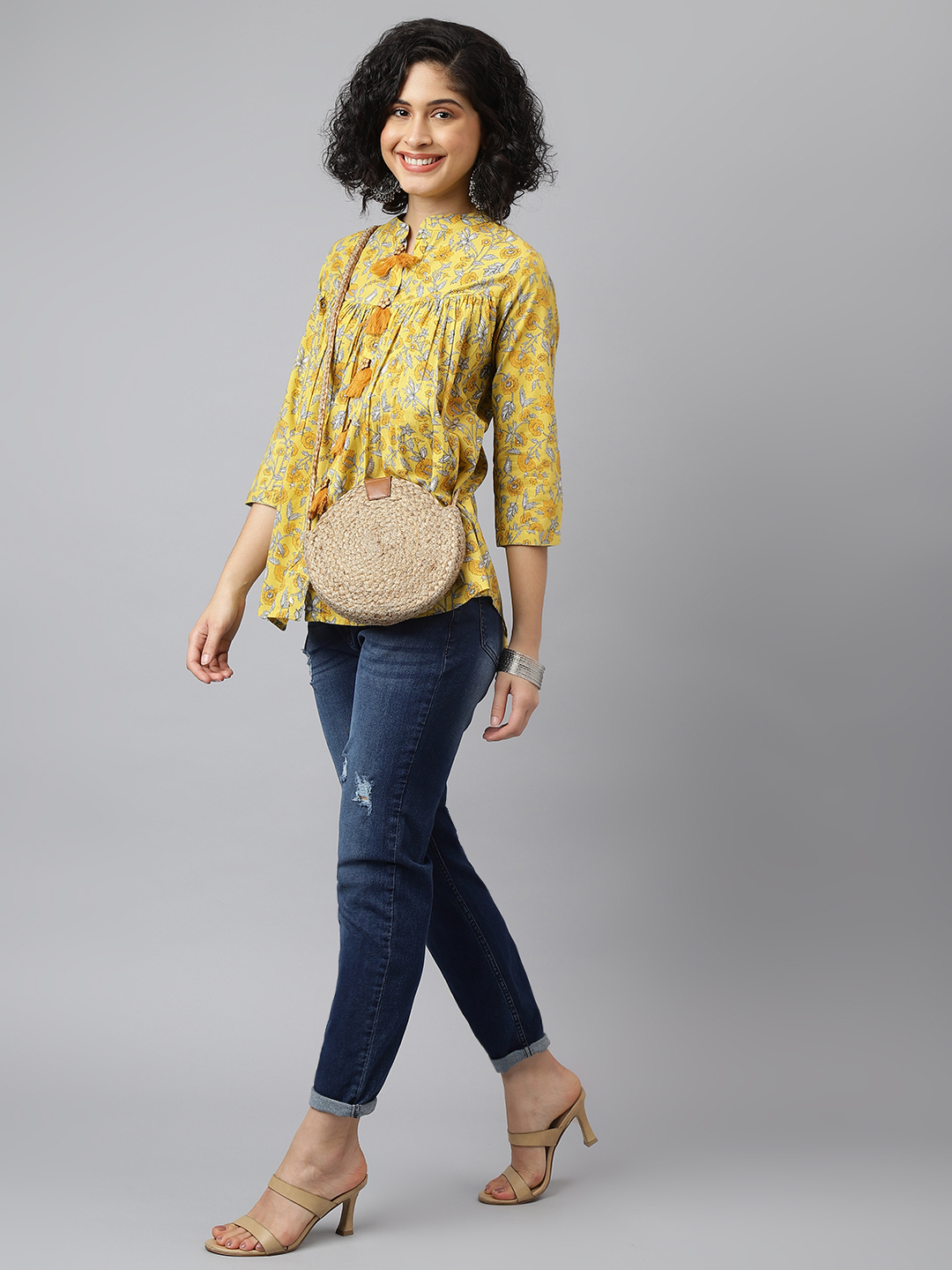 Women Casual Top - Printed Cotton And Royan Fabric, Size S To Xxl, Yellow Color With Full Sleeves And Quick Dry Feature