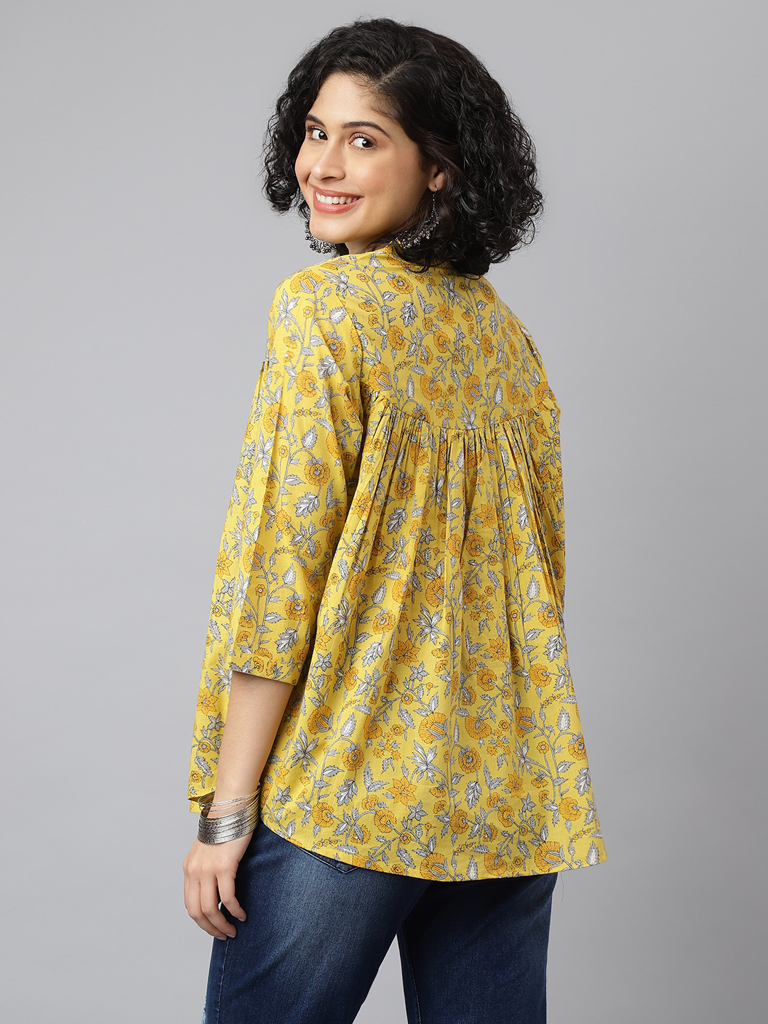 Women Casual Top - Printed Cotton And Royan Fabric, Size S To Xxl, Yellow Color With Full Sleeves And Quick Dry Feature