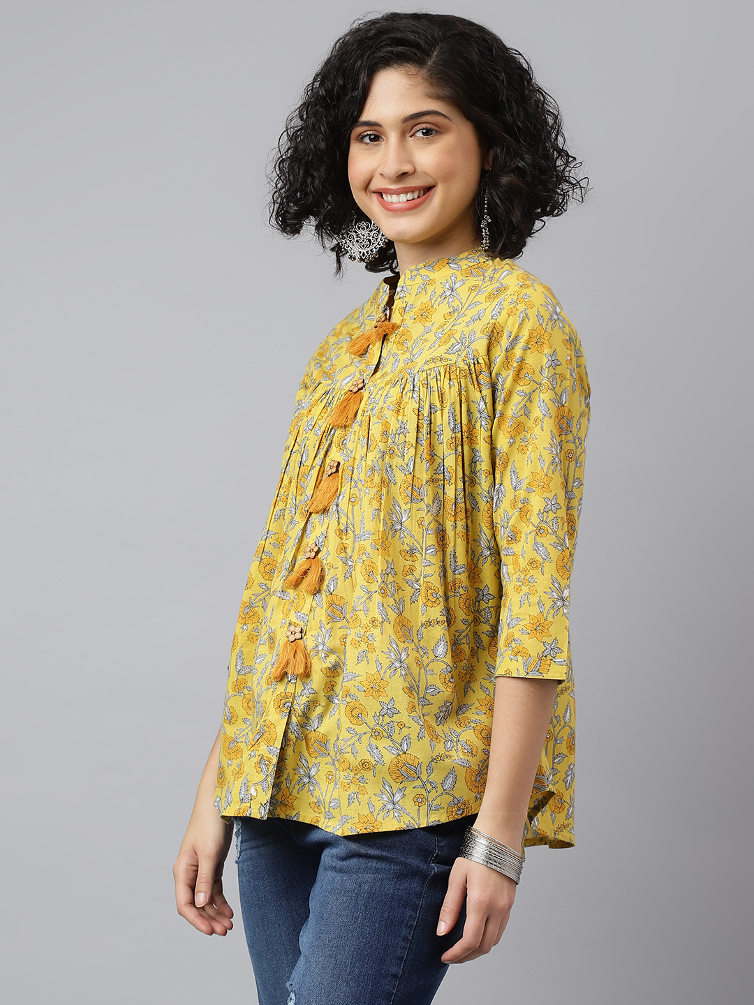 Women Casual Top - Printed Cotton And Royan Fabric, Size S To Xxl, Yellow Color With Full Sleeves And Quick Dry Feature