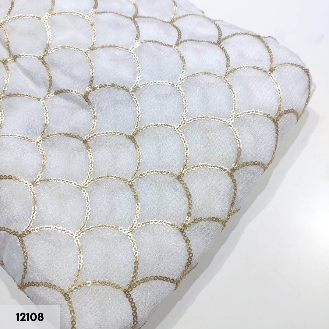 Beautiful Chinon Golden Sequins Work Jaal Pattern Embroidery Fabric