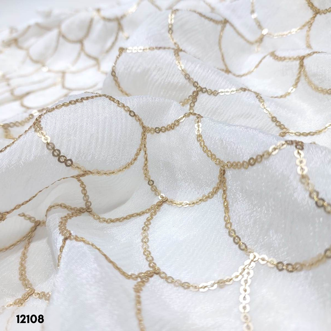 Beautiful Chinon Golden Sequins Work Jaal Pattern Embroidery Fabric
