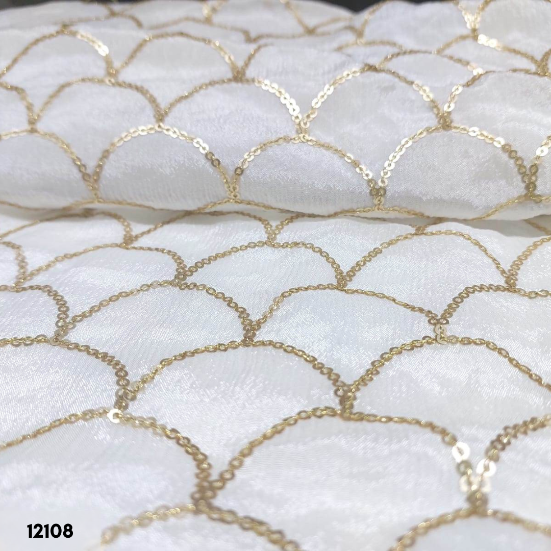 Beautiful Chinon Golden Sequins Work Jaal Pattern Embroidery Fabric