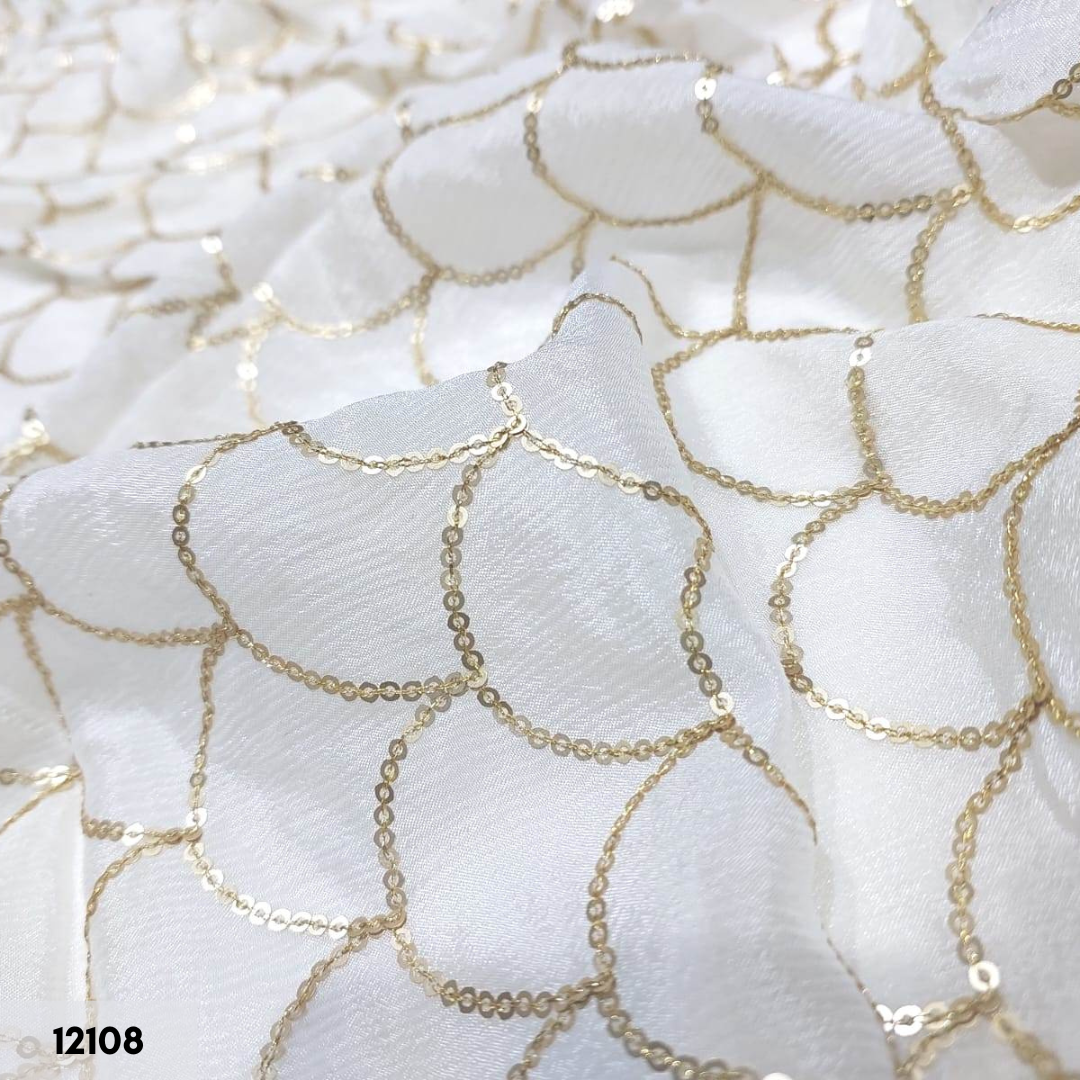 Beautiful Chinon Golden Sequins Work Jaal Pattern Embroidery Fabric