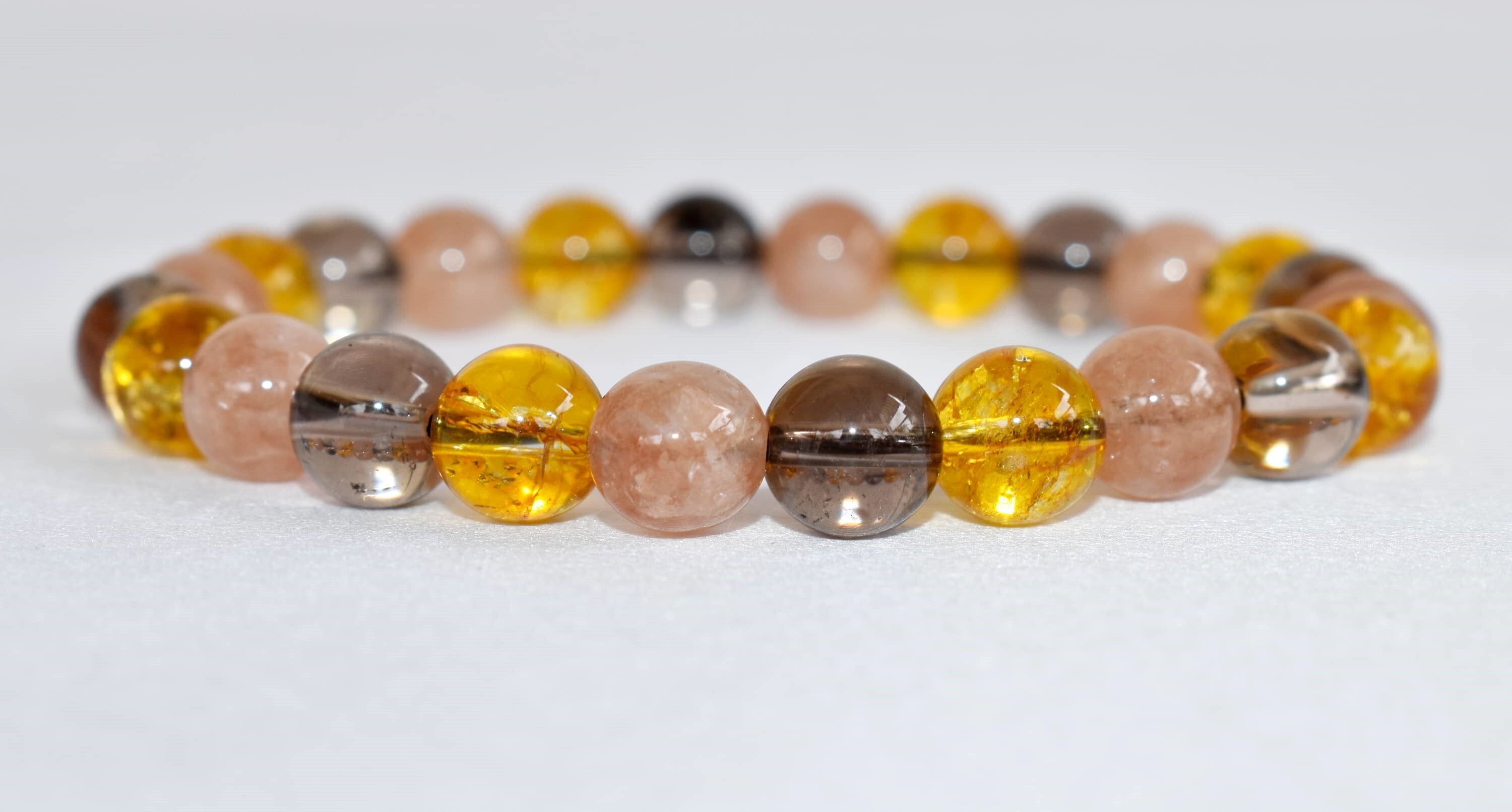 Positive Mindset Bracelet - 8mm Round Beaded Bracelet, Multi Colour Natural Gemstones: Sunstone, Smokey Quartz, Citrine