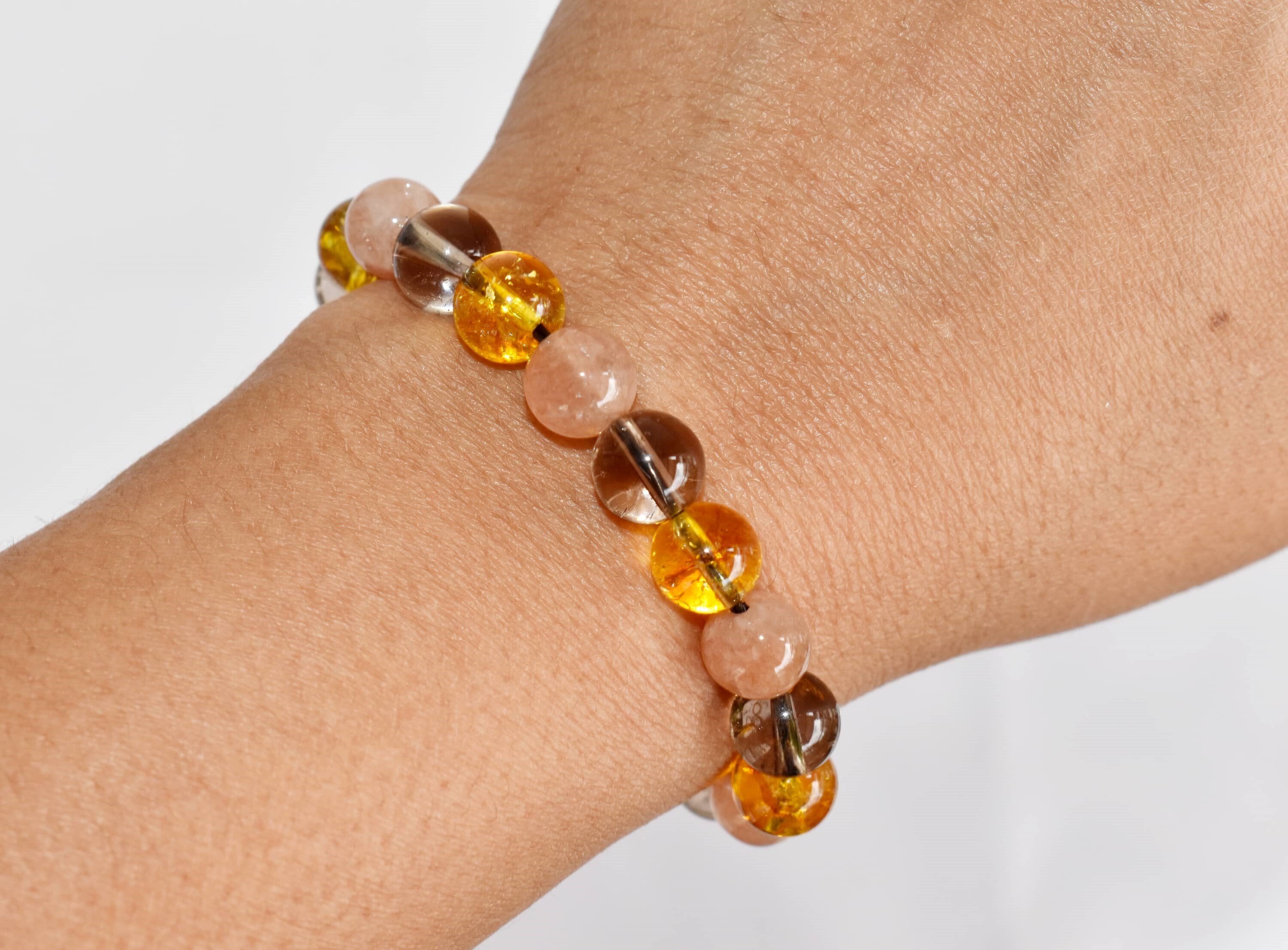 Positive Mindset Bracelet - 8mm Round Beaded Bracelet, Multi Colour Natural Gemstones: Sunstone, Smokey Quartz, Citrine