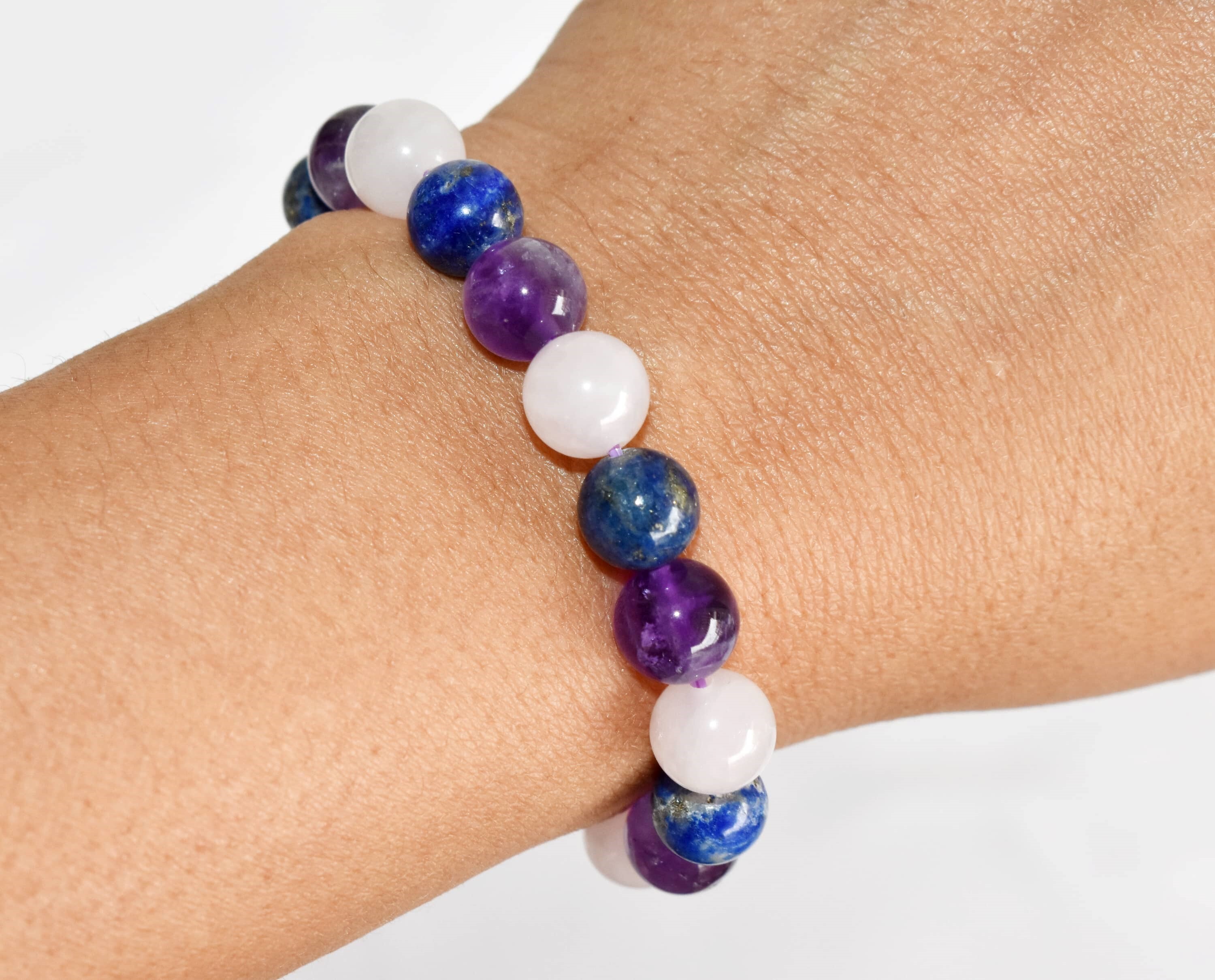 Inner Peace Bracelet - 8mm Round Beaded Bracelet Handmade Multi-color Natural Gemstones: Amethyst Rose Quartz Lapis Lazuli
