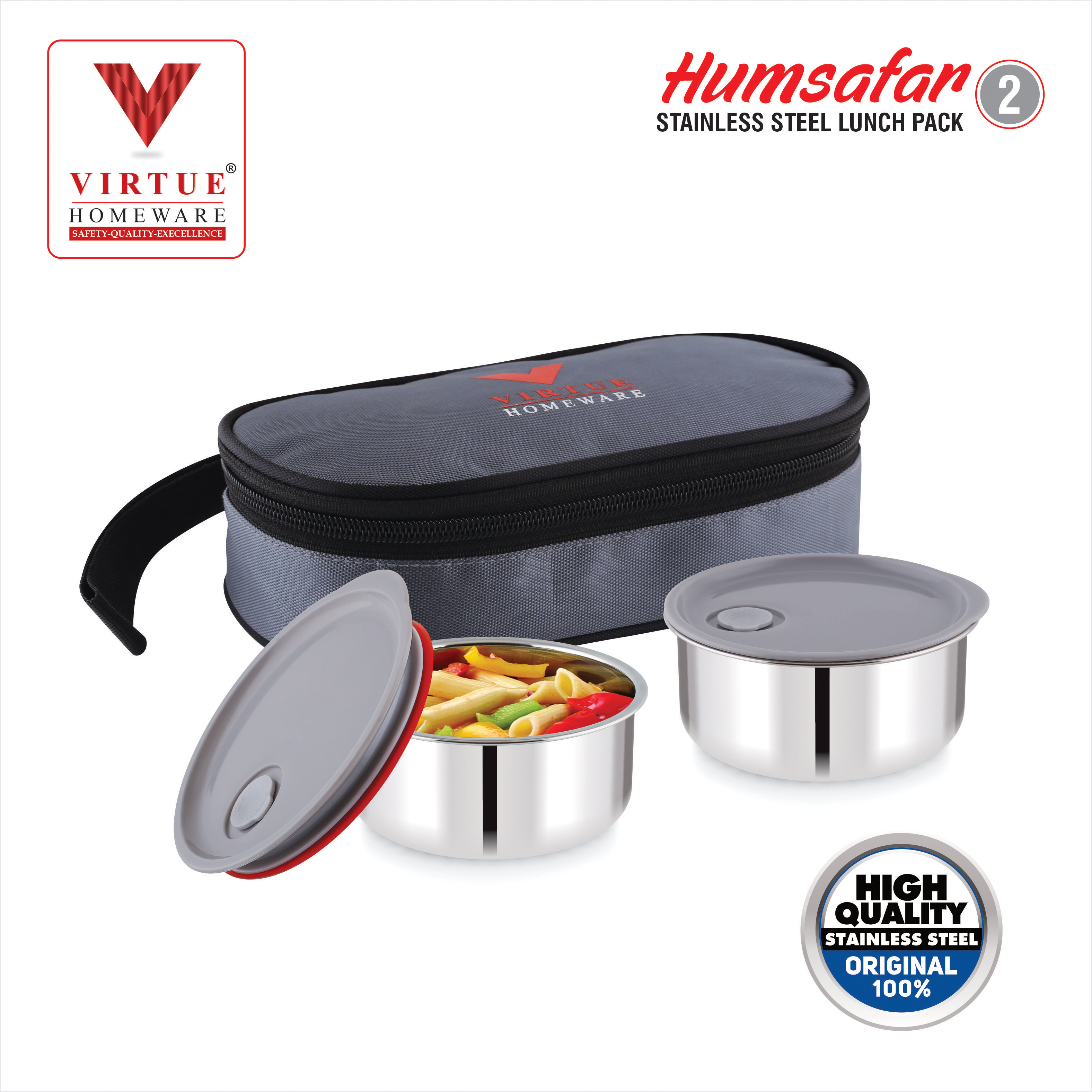 Humsafar 2 Virtue Homeware Stainless Steel Lunch Box Pack - Color: Grey