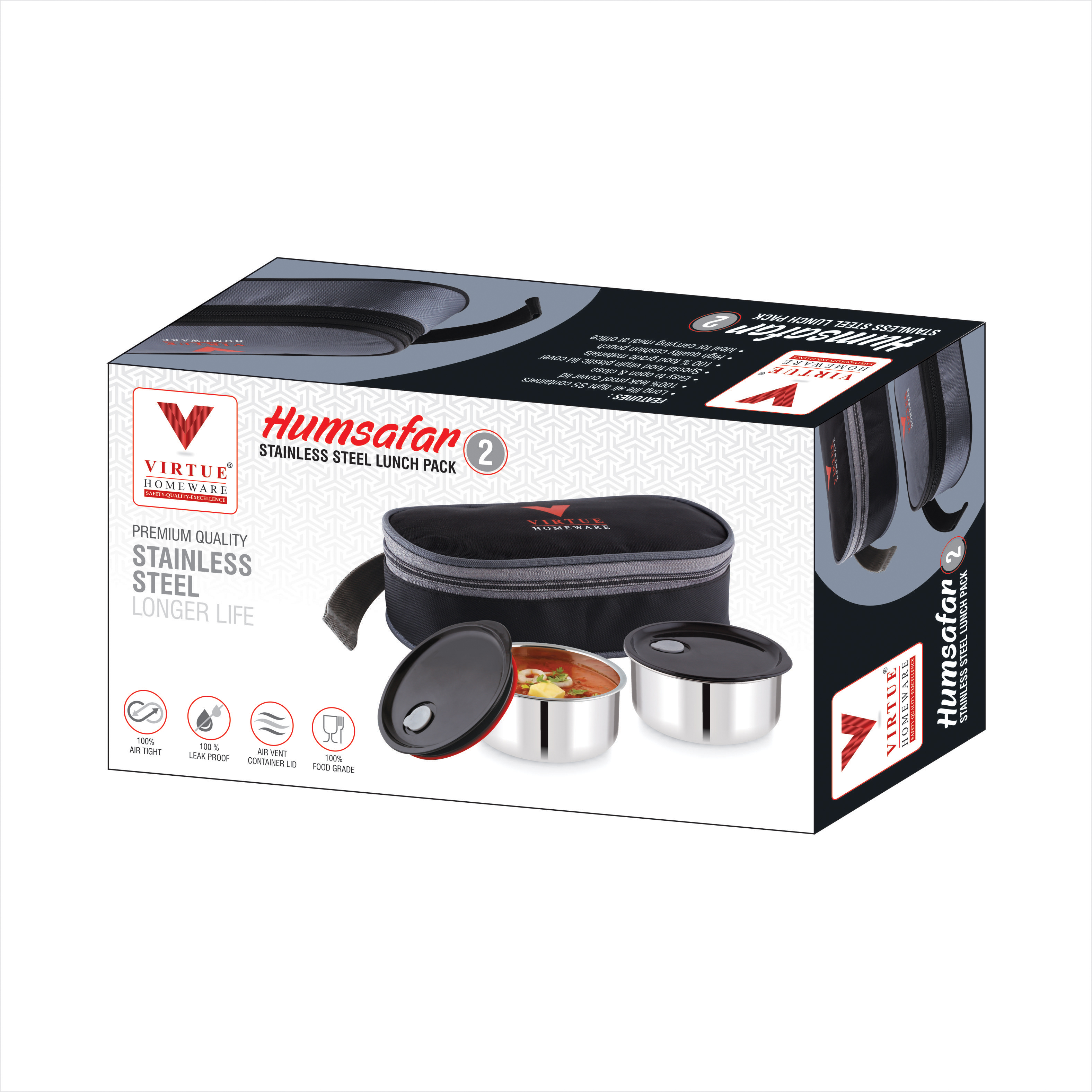 Humsafar 2 Virtue Homeware Stainless Steel Lunch Box Pack - Color: Grey
