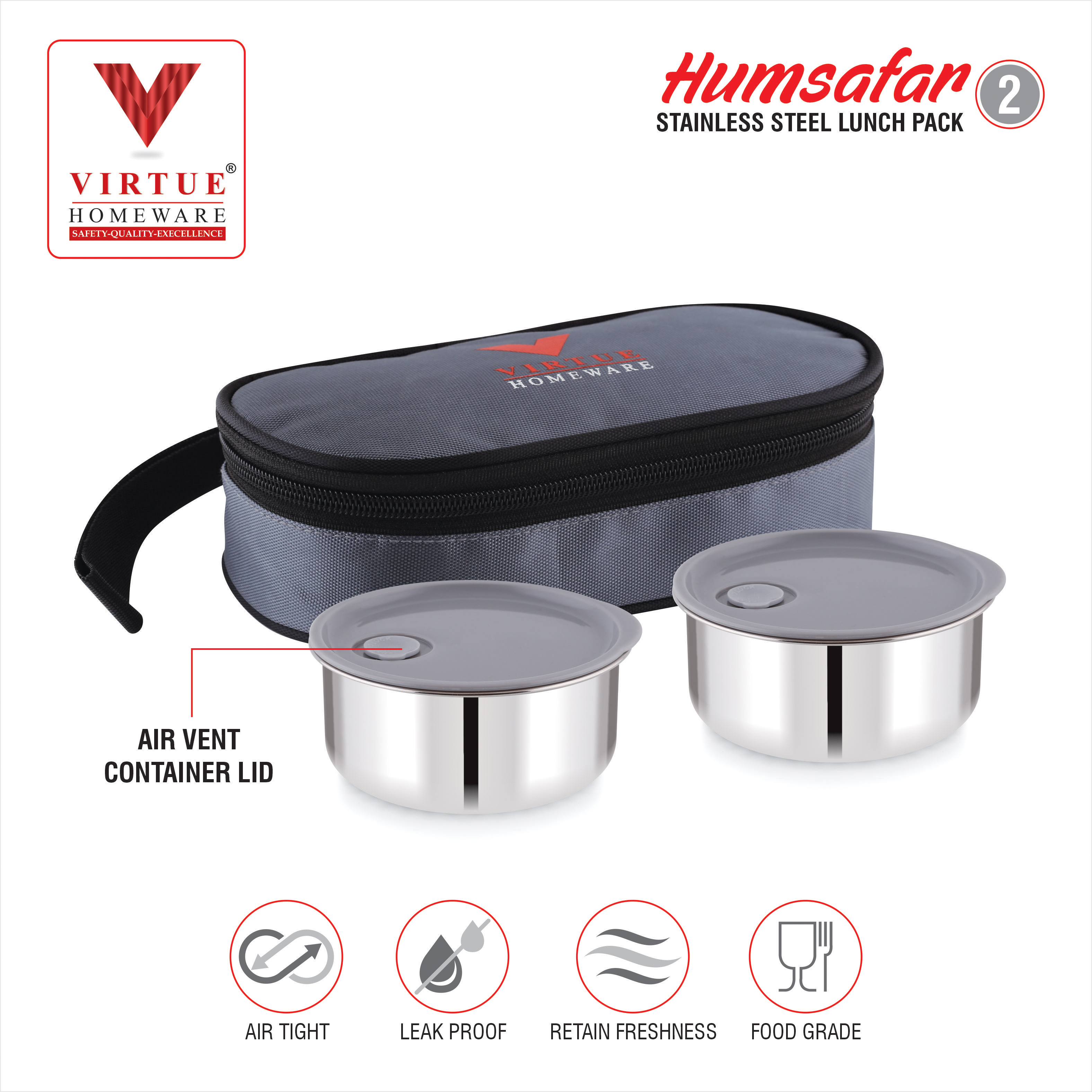 Humsafar 2 Virtue Homeware Stainless Steel Lunch Box Pack - Color: Grey