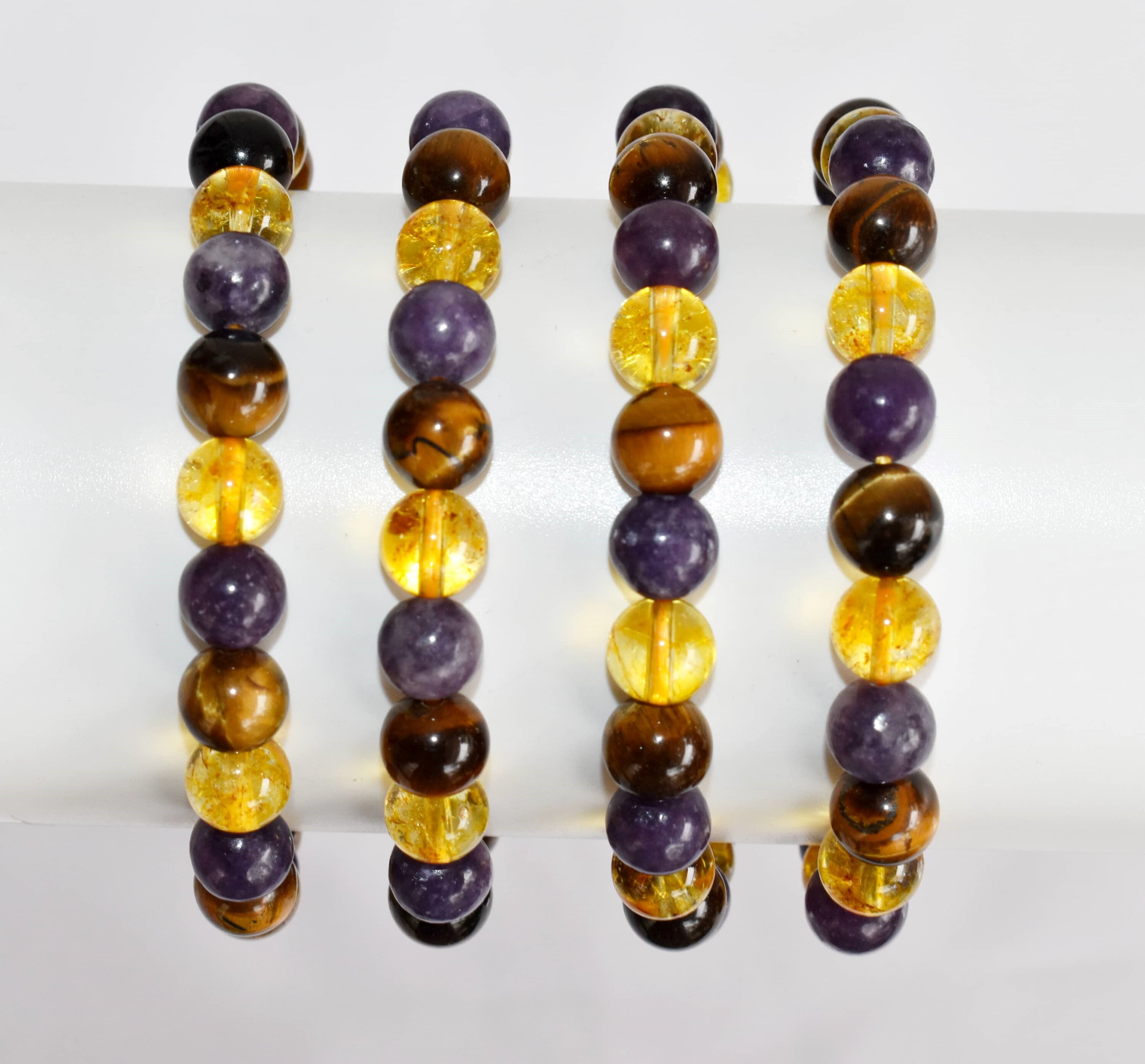 Reducing Depression Bracelet - 8mm Round Beaded Bracelet, Natural Gemstones Of Tigers' Eye, Lepidolite, And Citrine In Multi Color