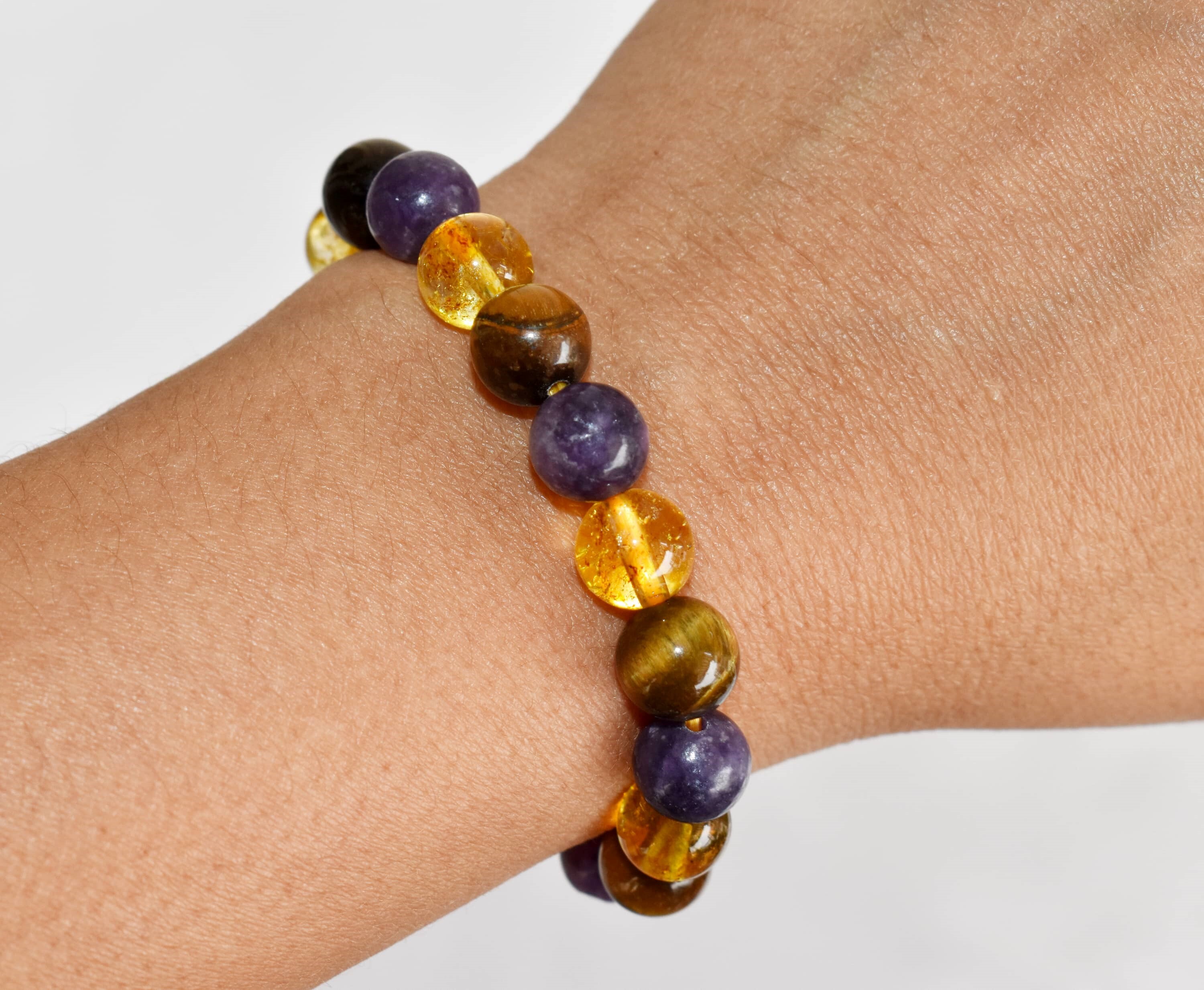 Reducing Depression Bracelet - 8mm Round Beaded Bracelet, Natural Gemstones Of Tigers' Eye, Lepidolite, And Citrine In Multi Color
