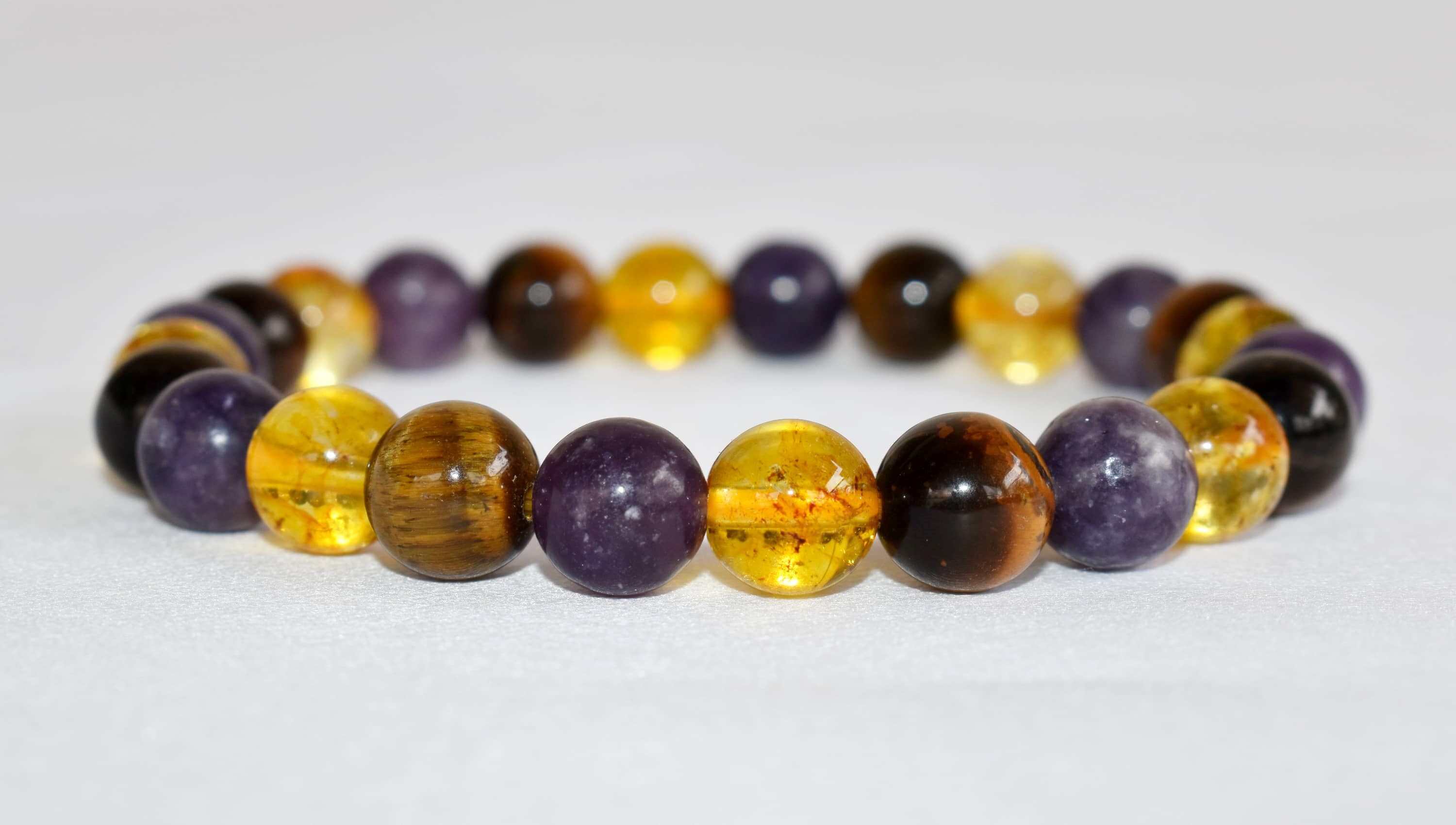 Reducing Depression Bracelet - 8mm Round Beaded Bracelet, Natural Gemstones Of Tigers' Eye, Lepidolite, And Citrine In Multi Color