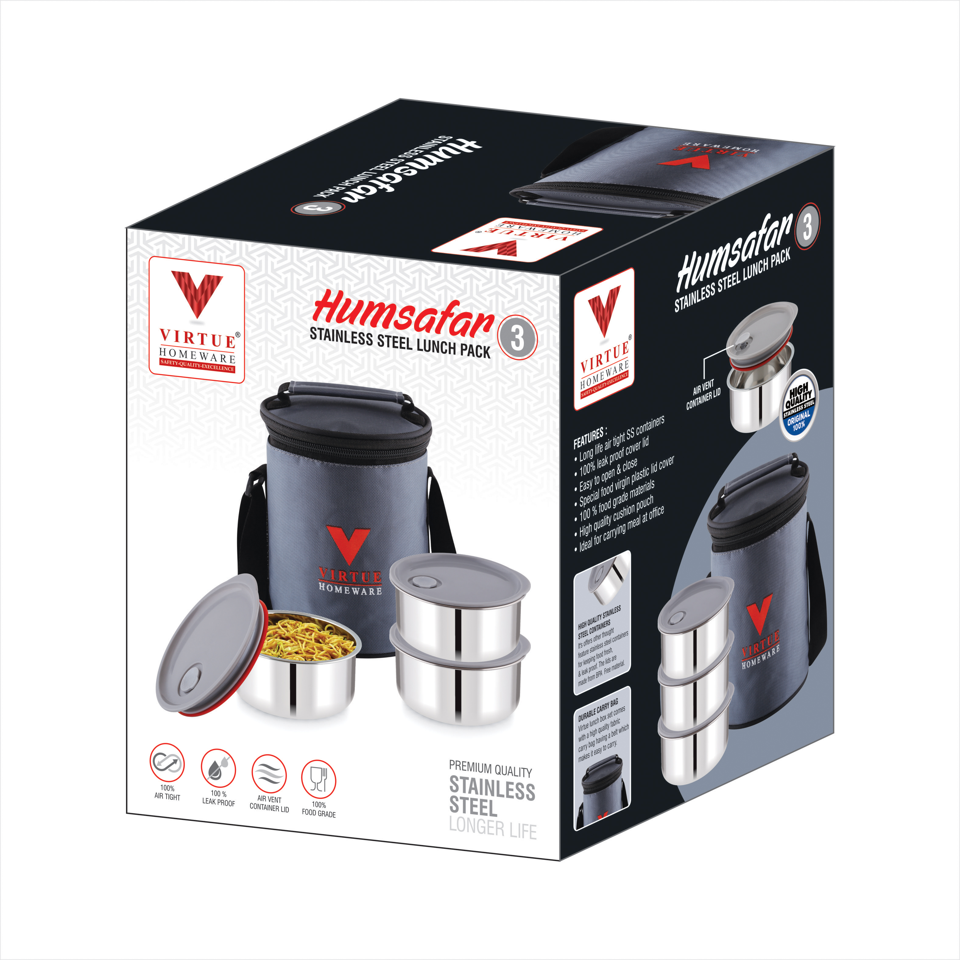Humsafar 3 Virtue Homeware Stainless Steel Lunch Box Pack