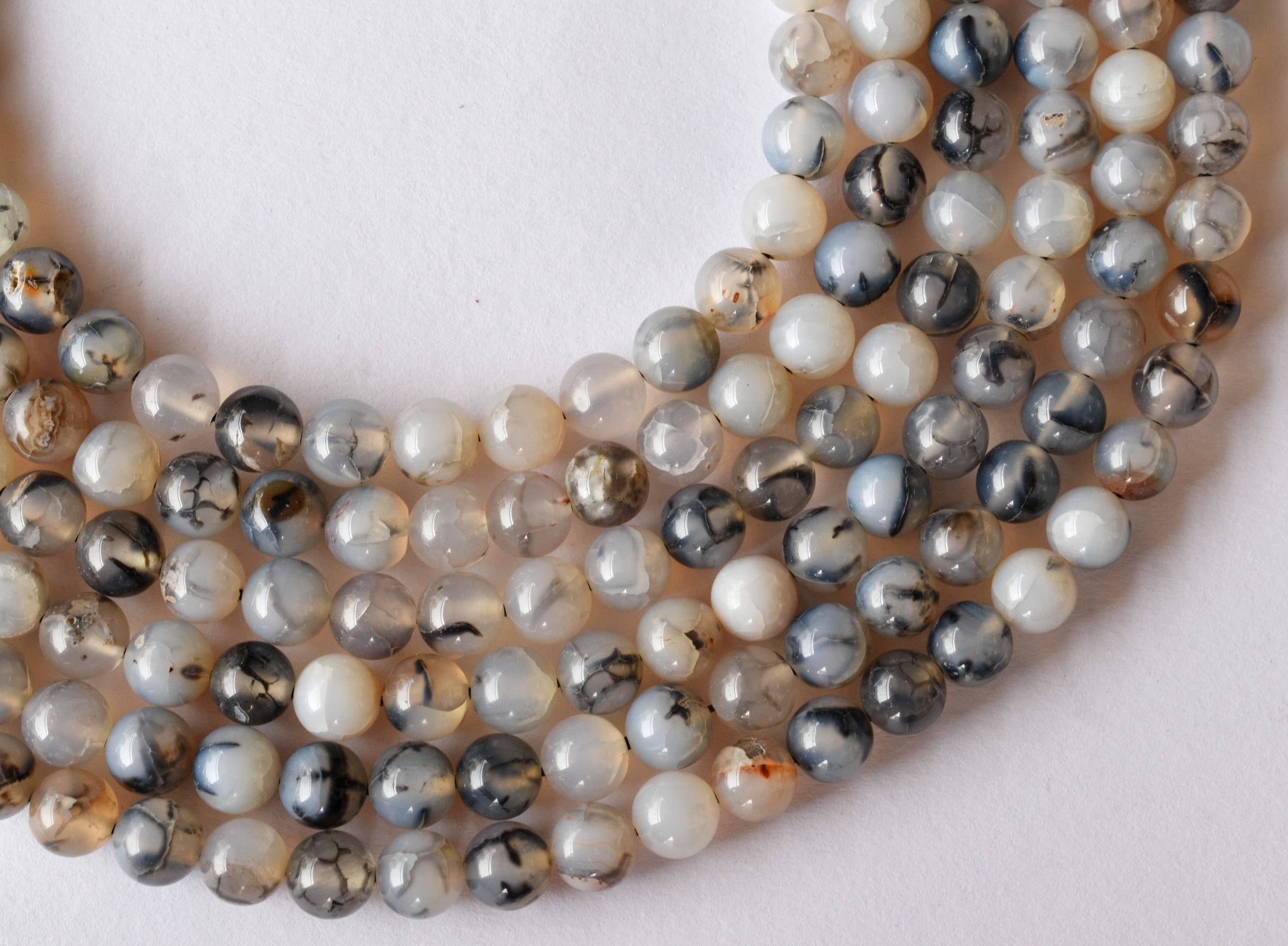 8mm Dragonvein Agate Black Beads, Polished Natural Stone Jewelry | Unique Round Beads For Elegant Party Wear, 14.5 Inch Strand Length