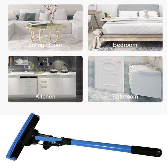 Floor Cleaning Squeeze Mop With Adjustable Telescopic - Lightweight Plastic, 72cm X 27cm X 6cm, Blue | Retractable Handle, Grooved Sponge, Built-in Scraper, Easy-snap Head
