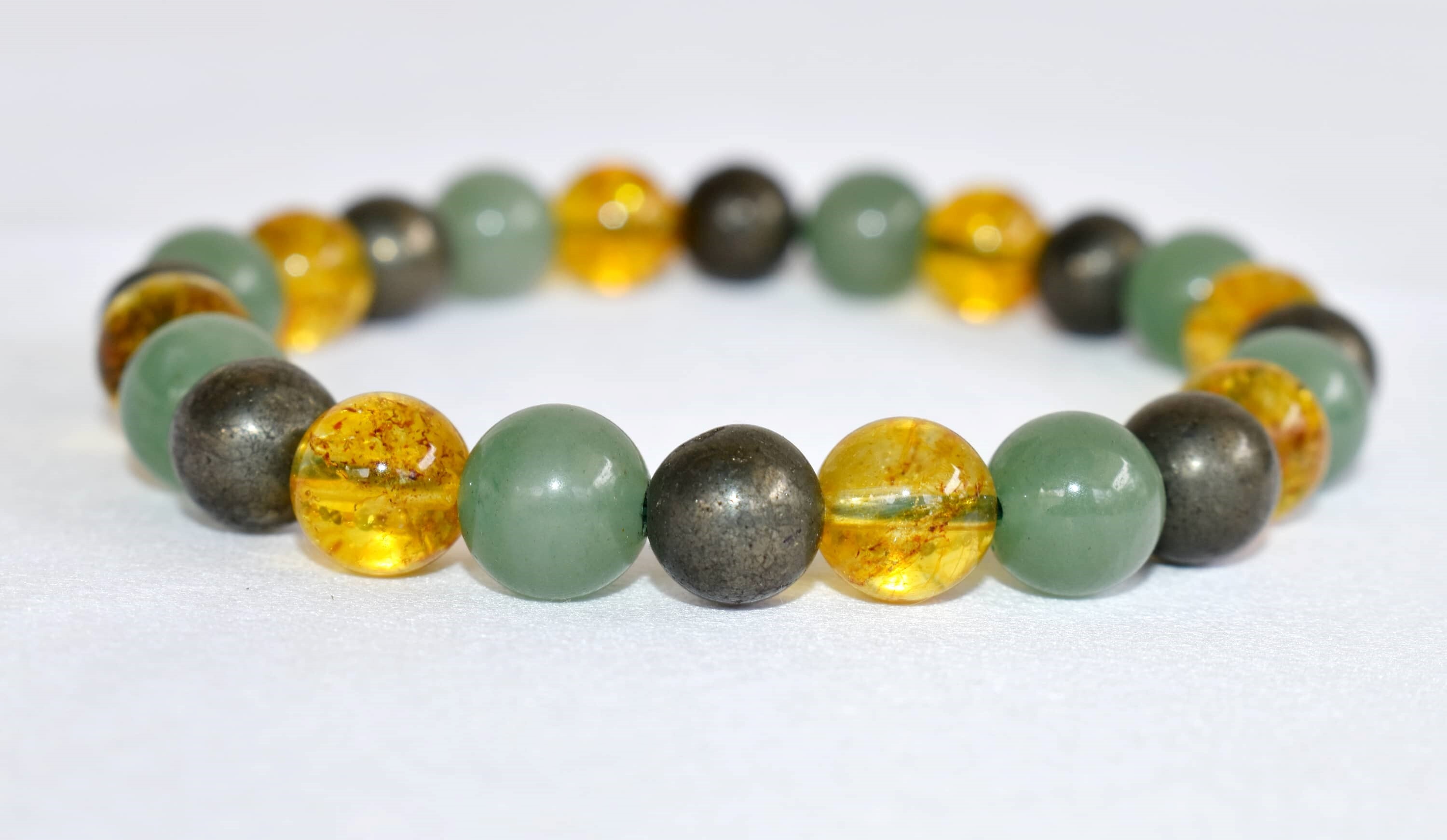 Attract Success Bracelet - 8mm Round Beaded Design | Multi-color Natural Gemstones: Citrine, Green Aventurine, Pyrite, Handmade Stretch Bracelet