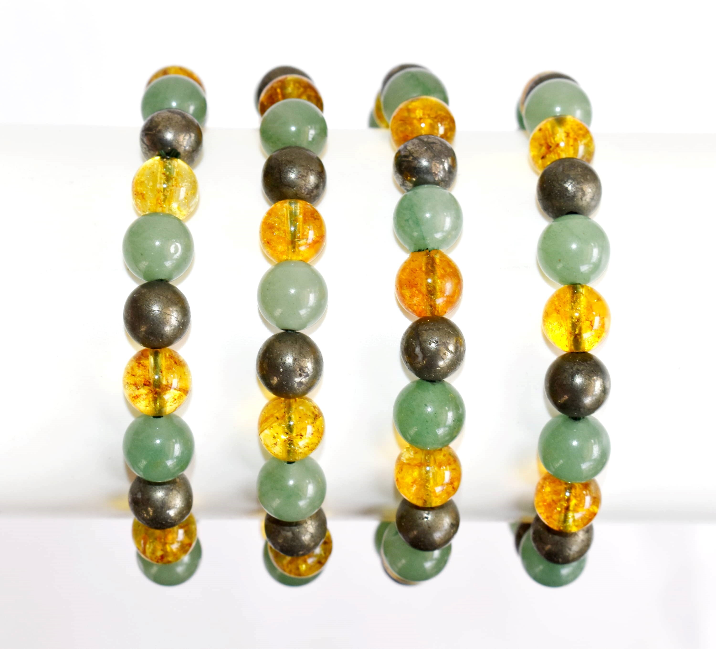 Attract Success Bracelet - 8mm Round Beaded Design | Multi-color Natural Gemstones: Citrine, Green Aventurine, Pyrite, Handmade Stretch Bracelet