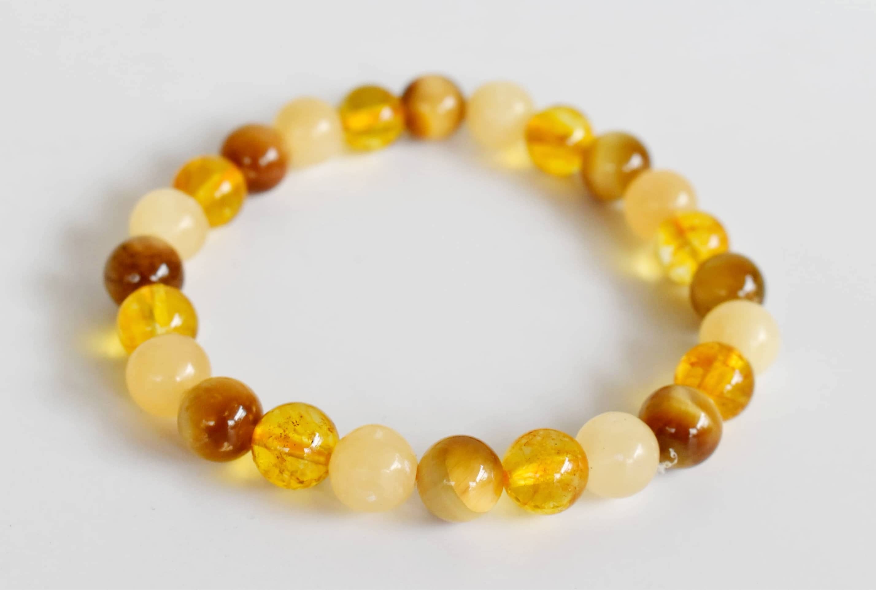 Solar Plexus Chakra Bracelet (Yellow) - 8mm Round Gemstone Beads | Citrine, Tiger Cats Eye Yellow, Honey Calcite, Wrist Size 7-7.5 Inches